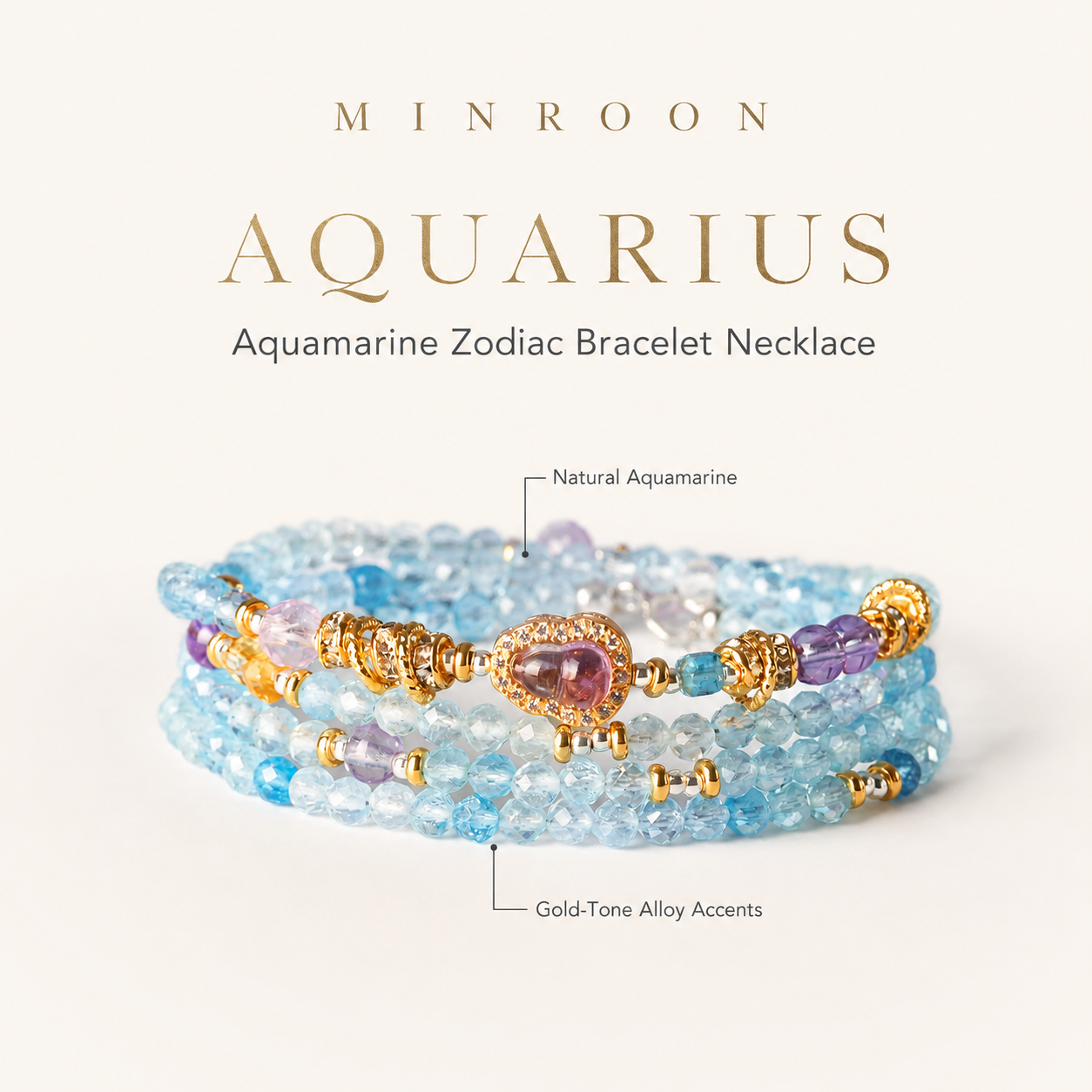 Aquarius Aquamarine Zodiac Bracelet Necklace by MINROON