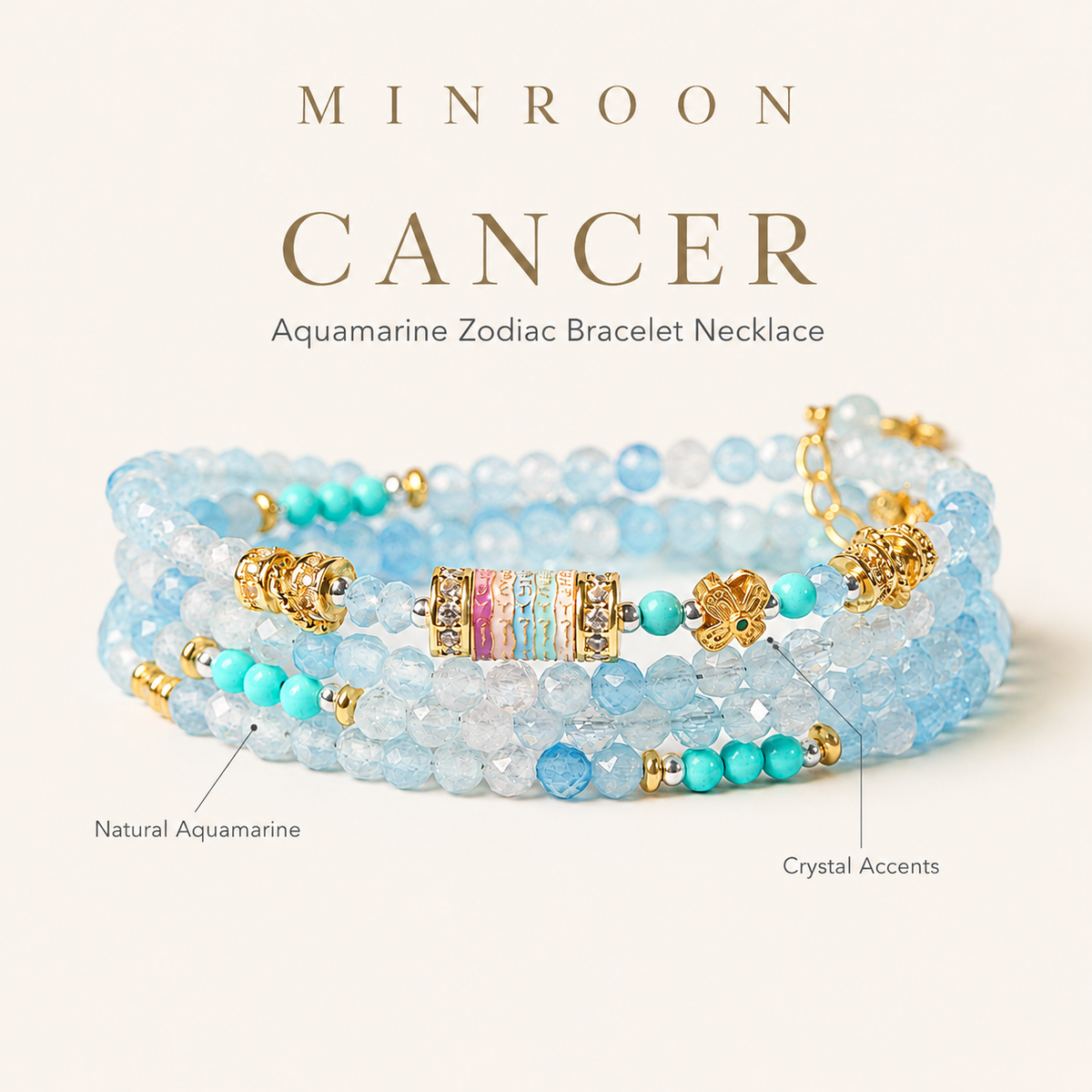 Cancer Aquamarine Zodiac Bracelet Necklace by MINROON
