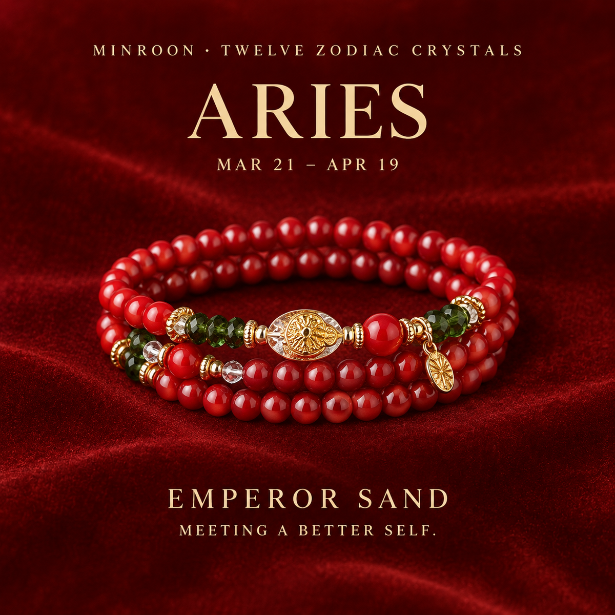 Aries Emperor Sand zodiac wrap bracelet on a deep burgundy gallery background