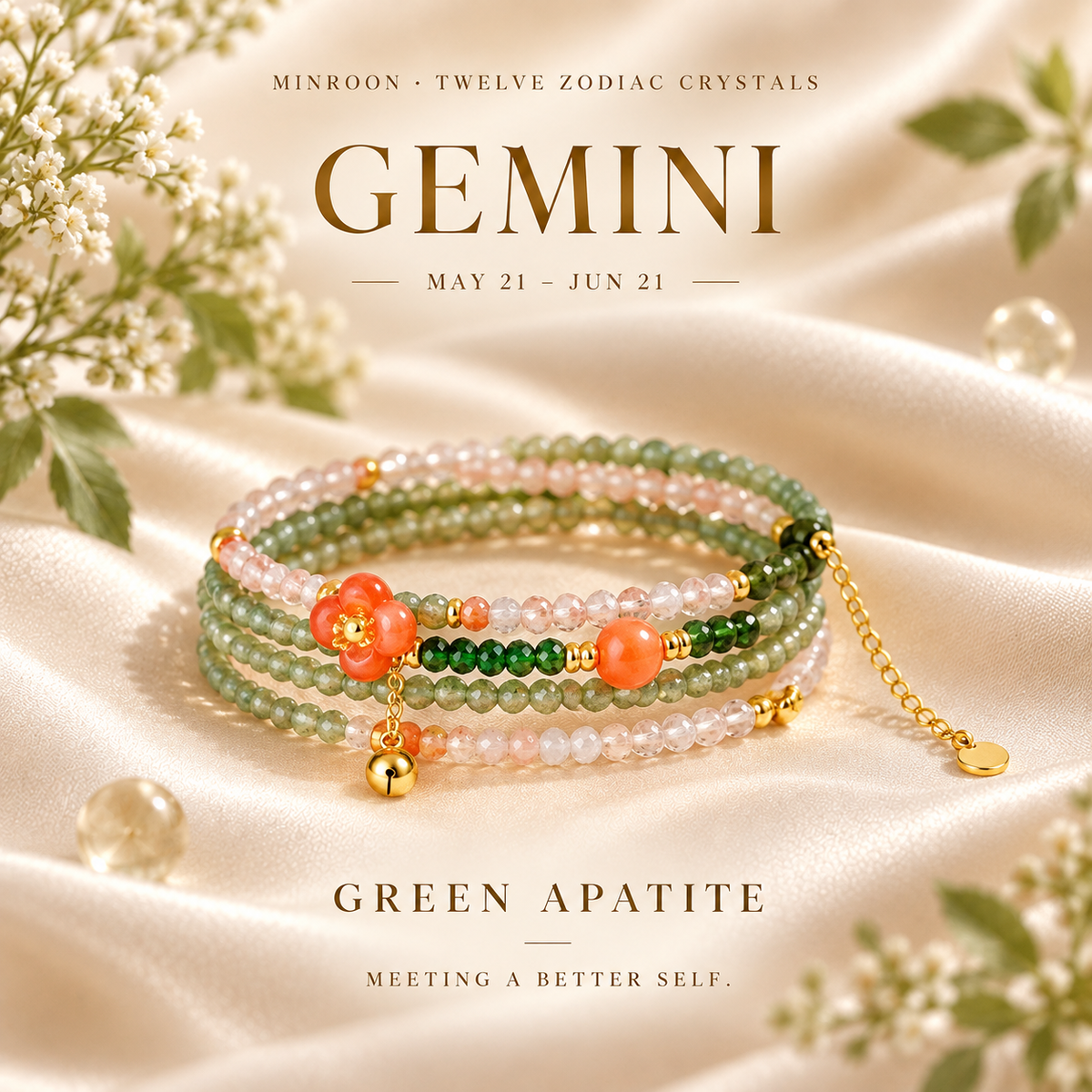 Gemini Green Apatite zodiac wrap bracelet on a warm ivory and pale sage gallery background