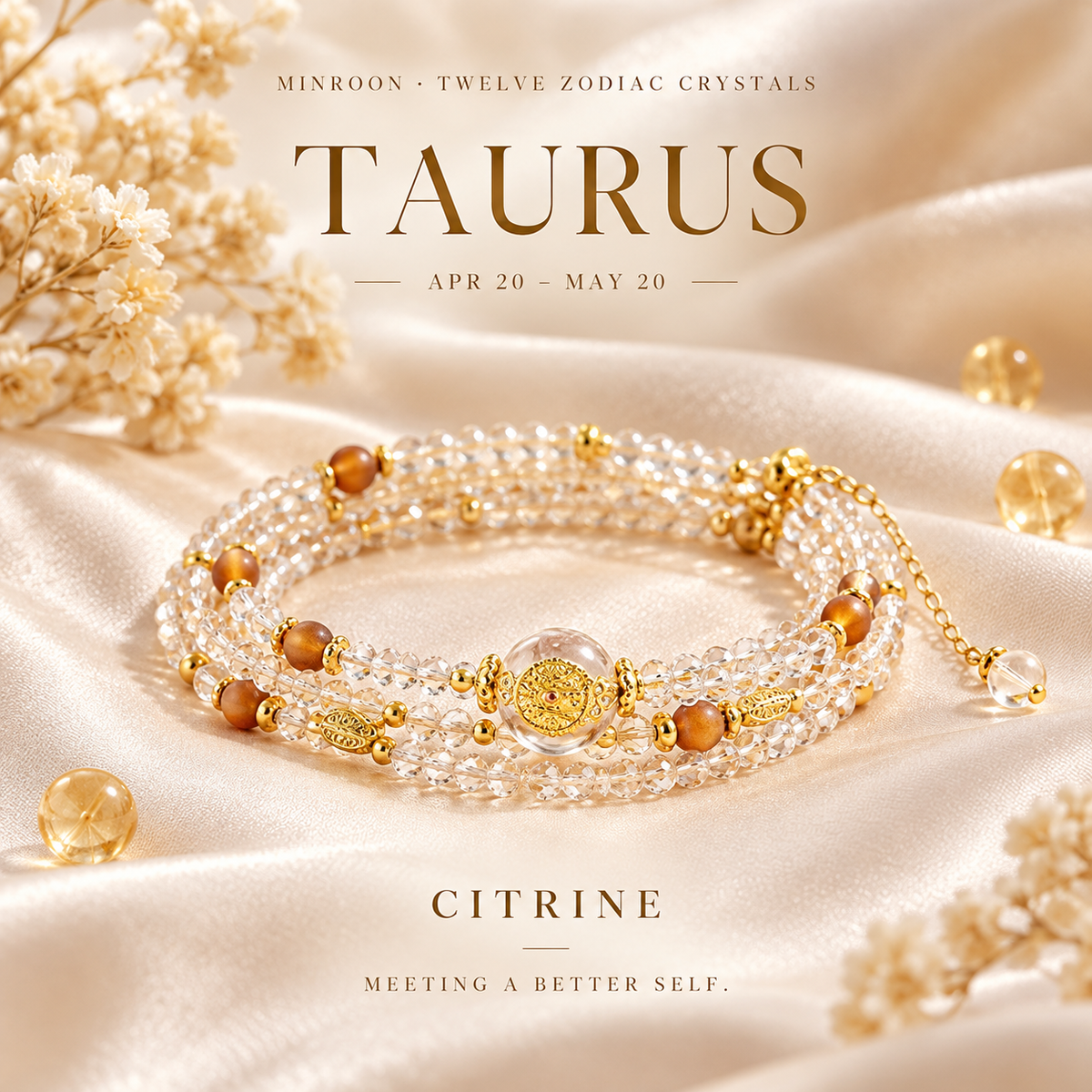 Taurus Citrine zodiac wrap bracelet on a warm ivory gallery background