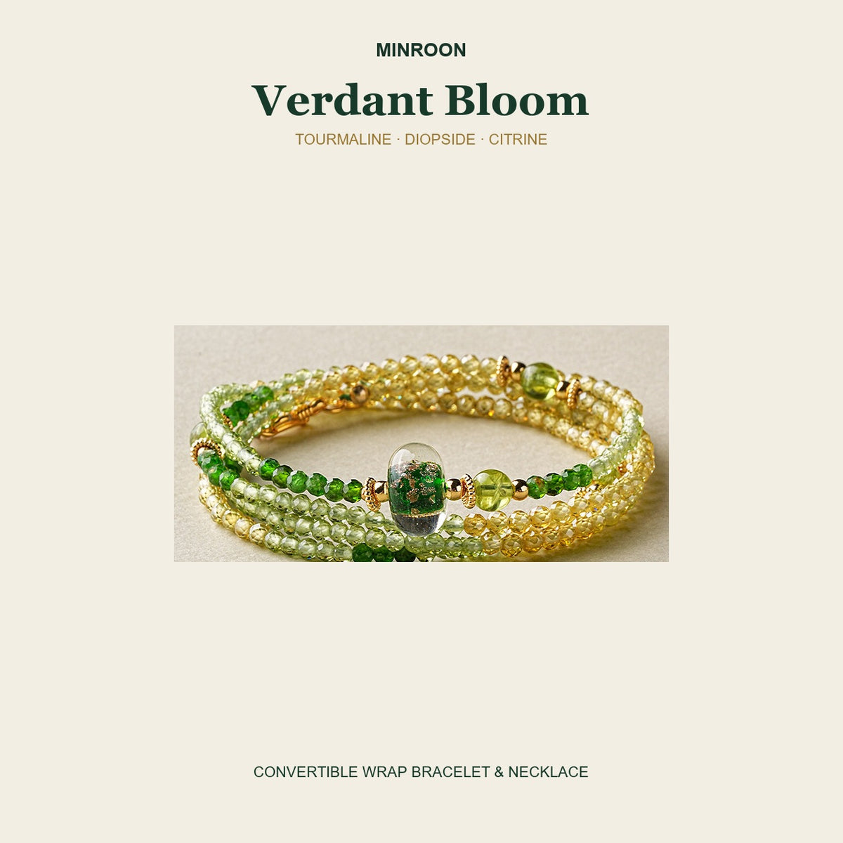 MINROON Verdant Bloom tourmaline, diopside and citrine convertible strand