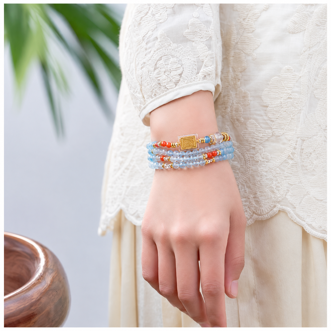 Capricorn aquamarine zodiac bracelet worn on a model wrist