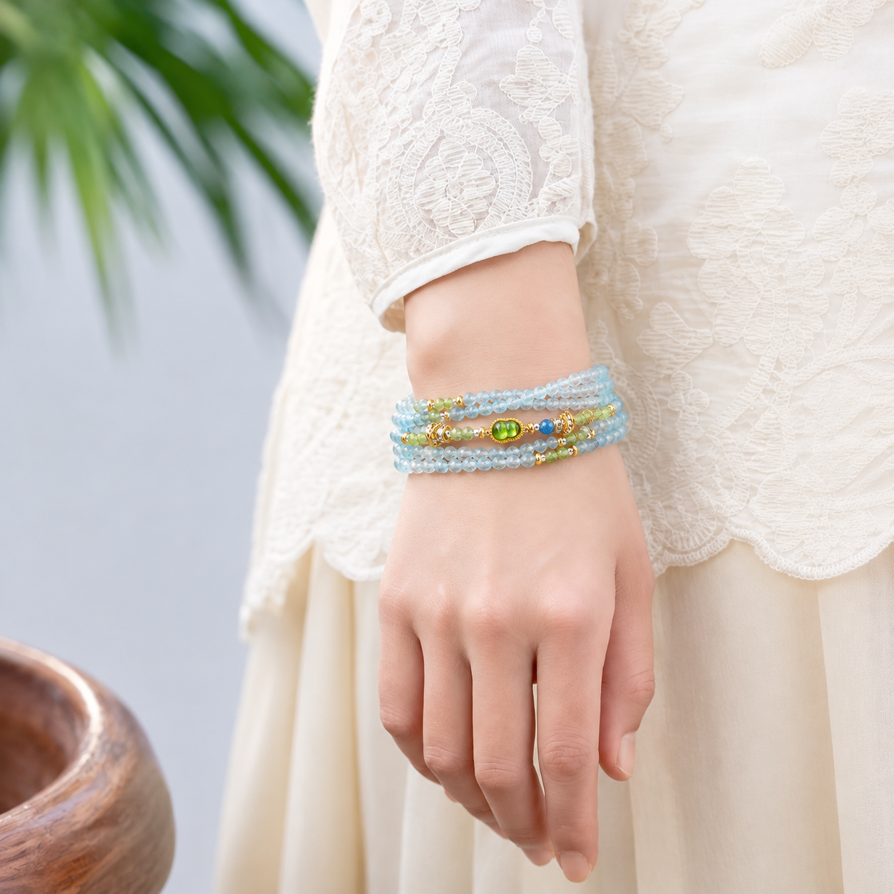 Libra aquamarine zodiac bracelet worn on a model wrist