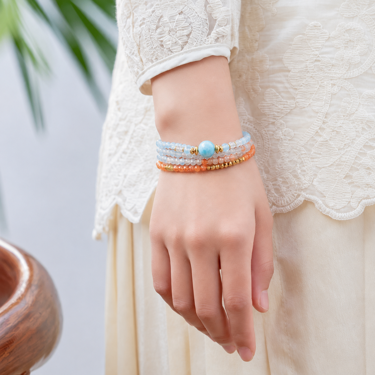 Pisces aquamarine zodiac bracelet worn on a model wrist