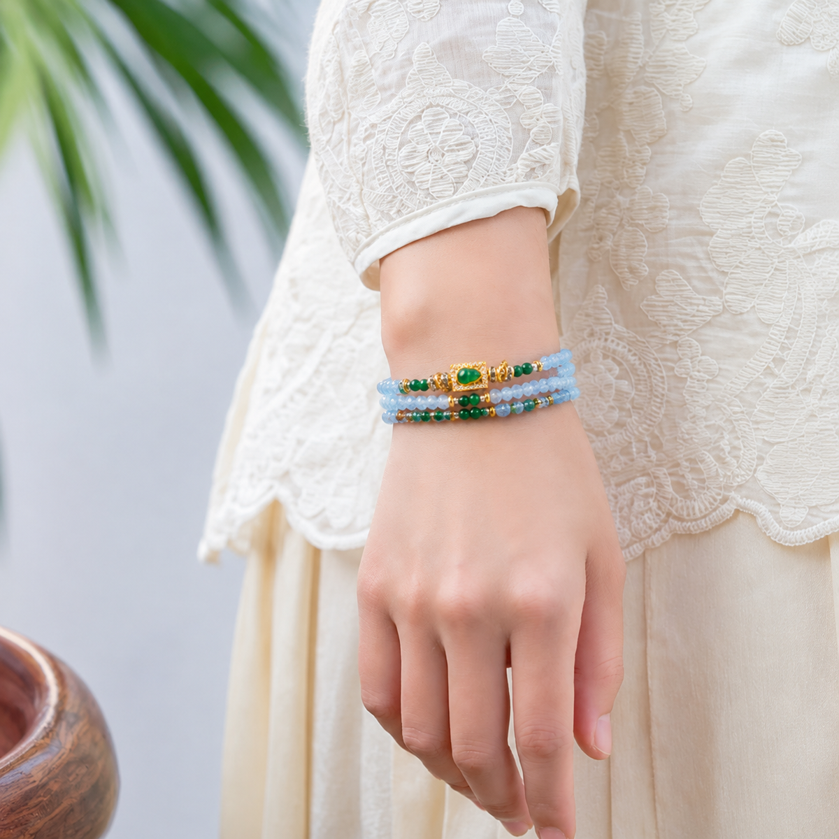 Sagittarius aquamarine zodiac bracelet worn on a model wrist