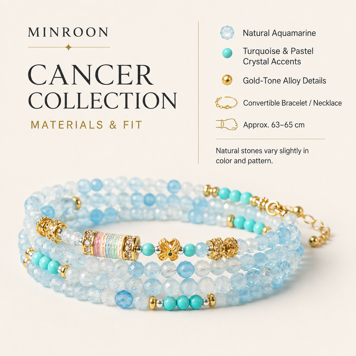 Cancer aquamarine bracelet materials and fit guide