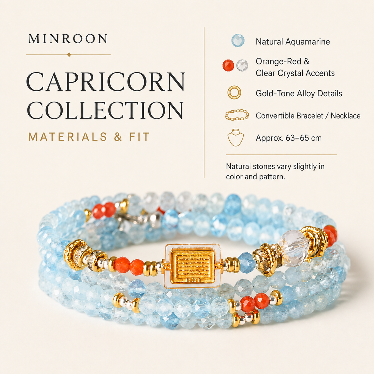 Capricorn aquamarine bracelet materials and fit guide