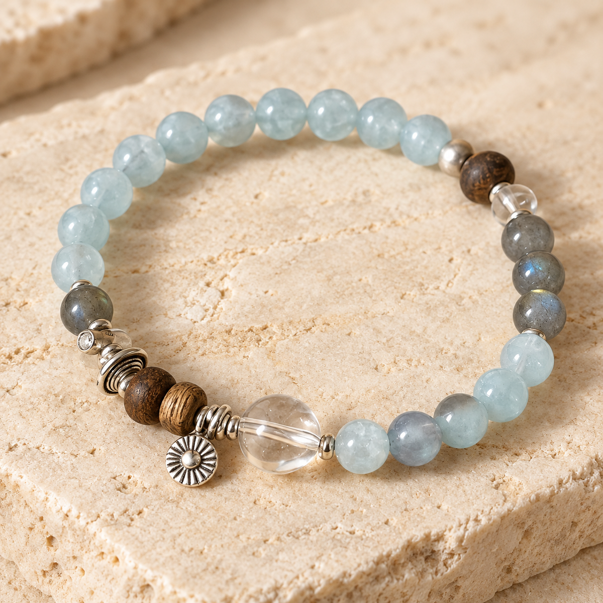 Aquamarine, moonstone, clear quartz and agarwood bracelet details
