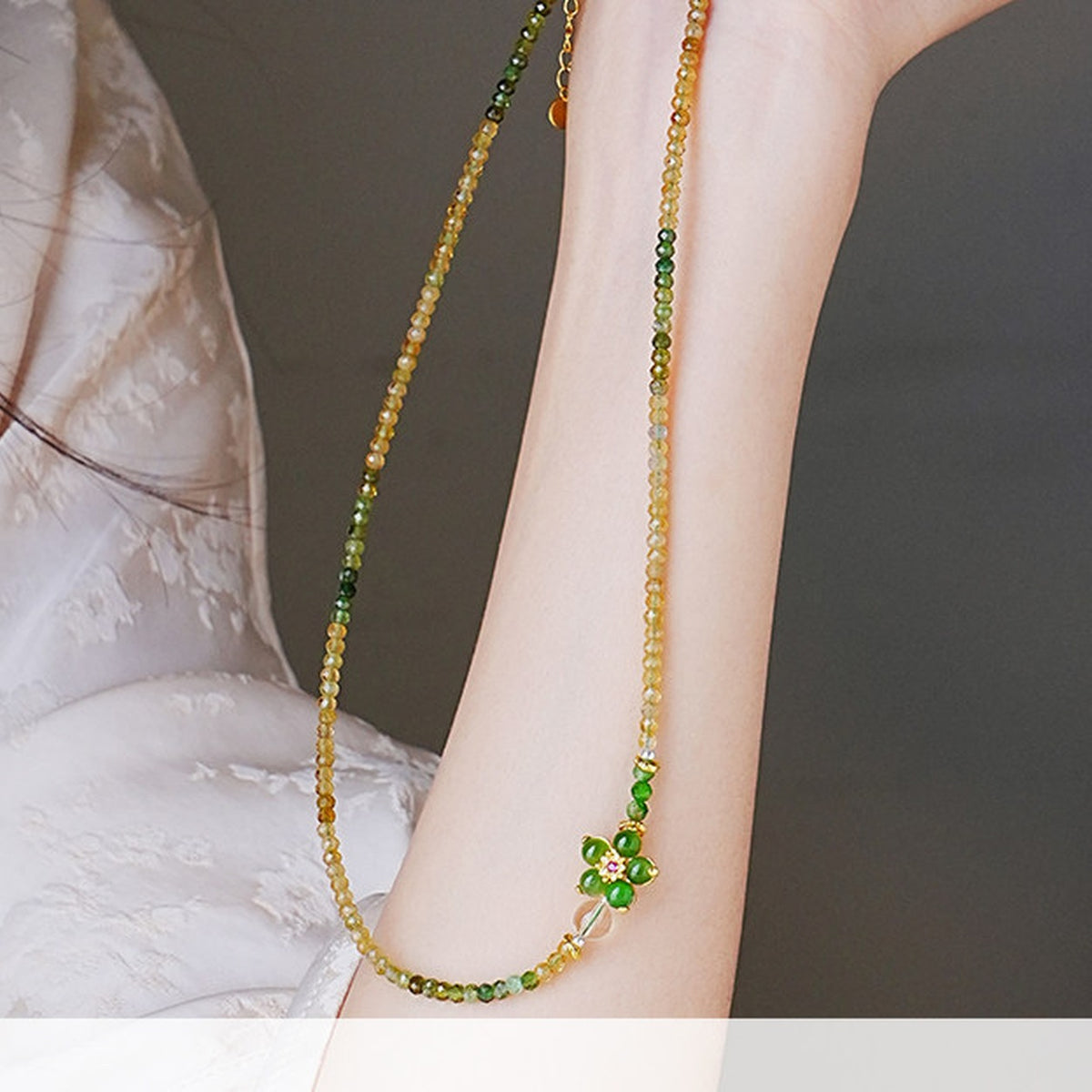 Full-length view of the Verdant Bloom convertible gemstone strand