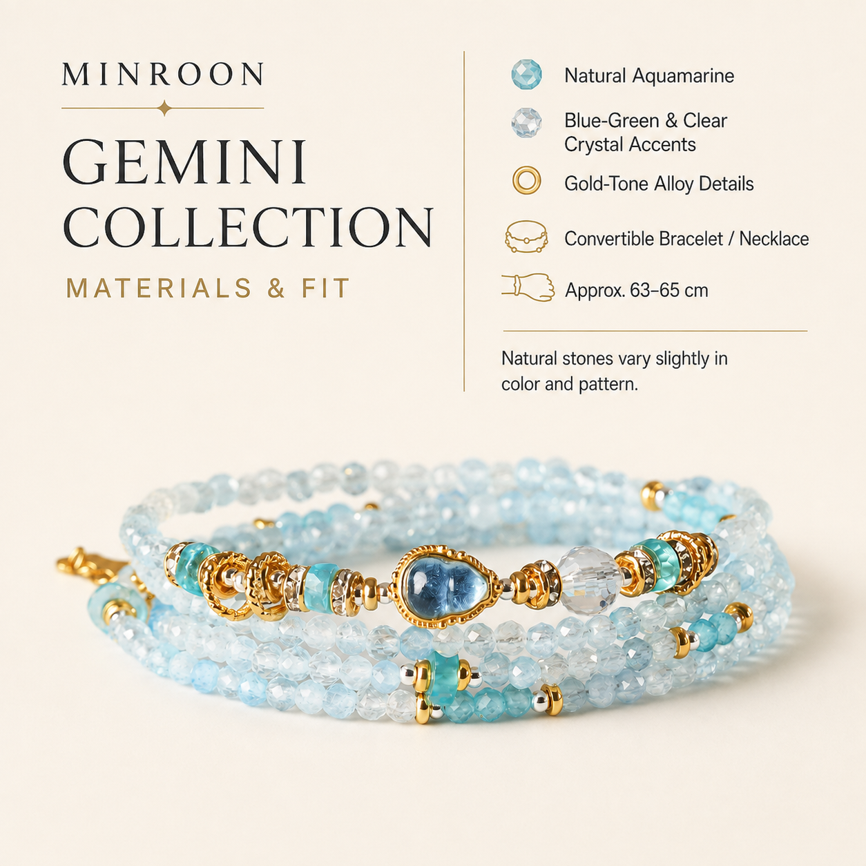 Gemini aquamarine bracelet materials and fit guide