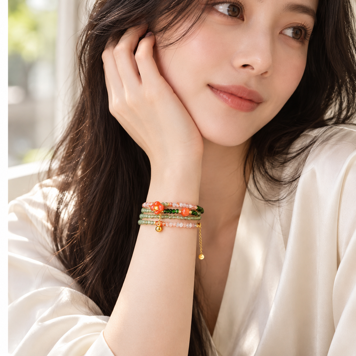 Close model detail wearing the Gemini crystal wrap bracelet