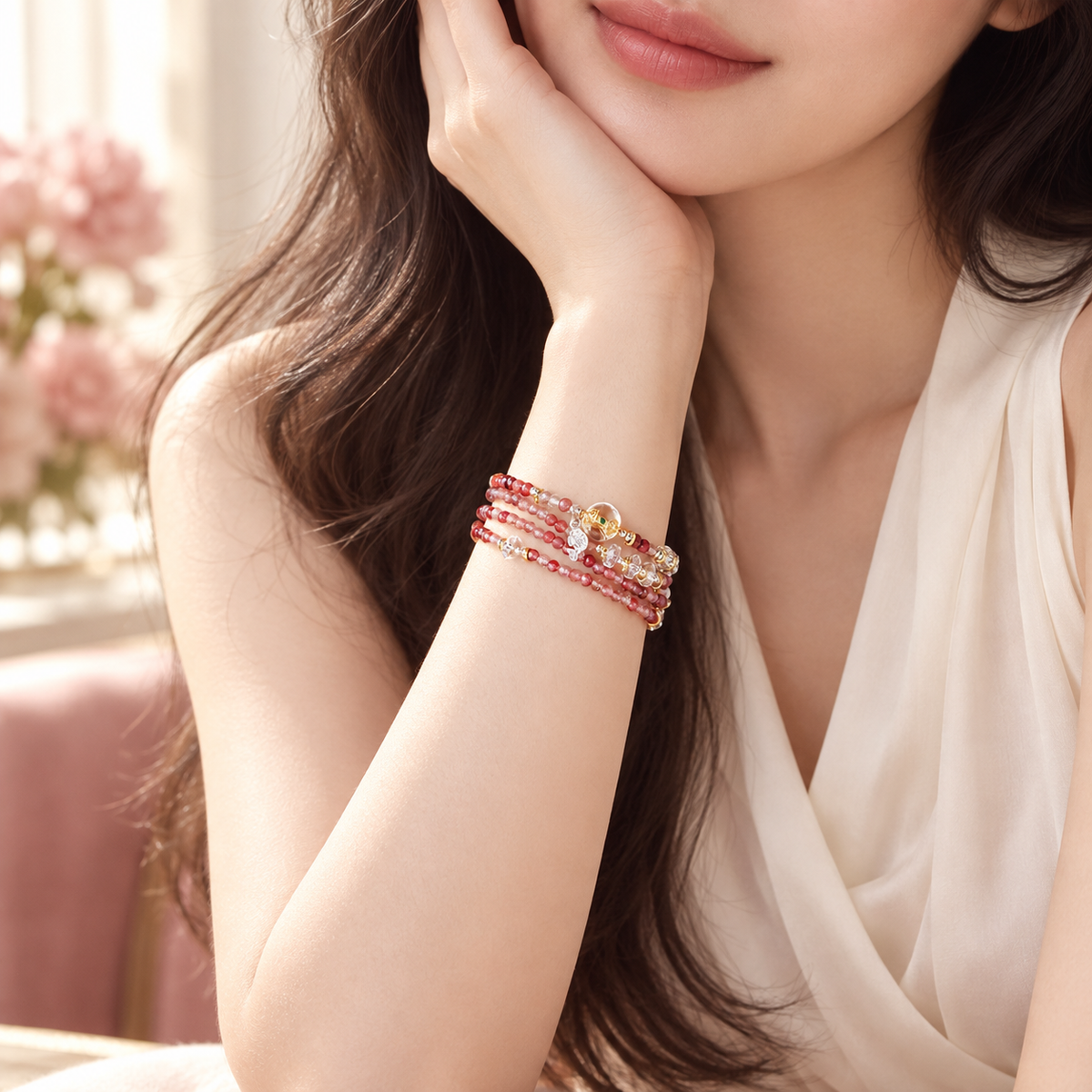 Close model detail wearing the Leo rose-toned crystal wrap bracelet