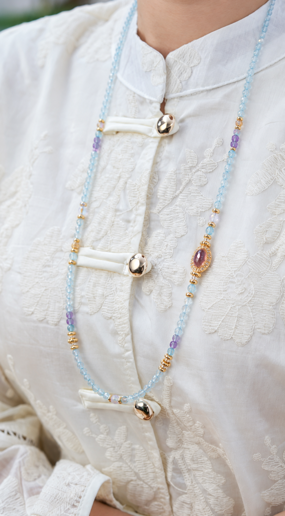Aquarius aquamarine convertible necklace worn by a model