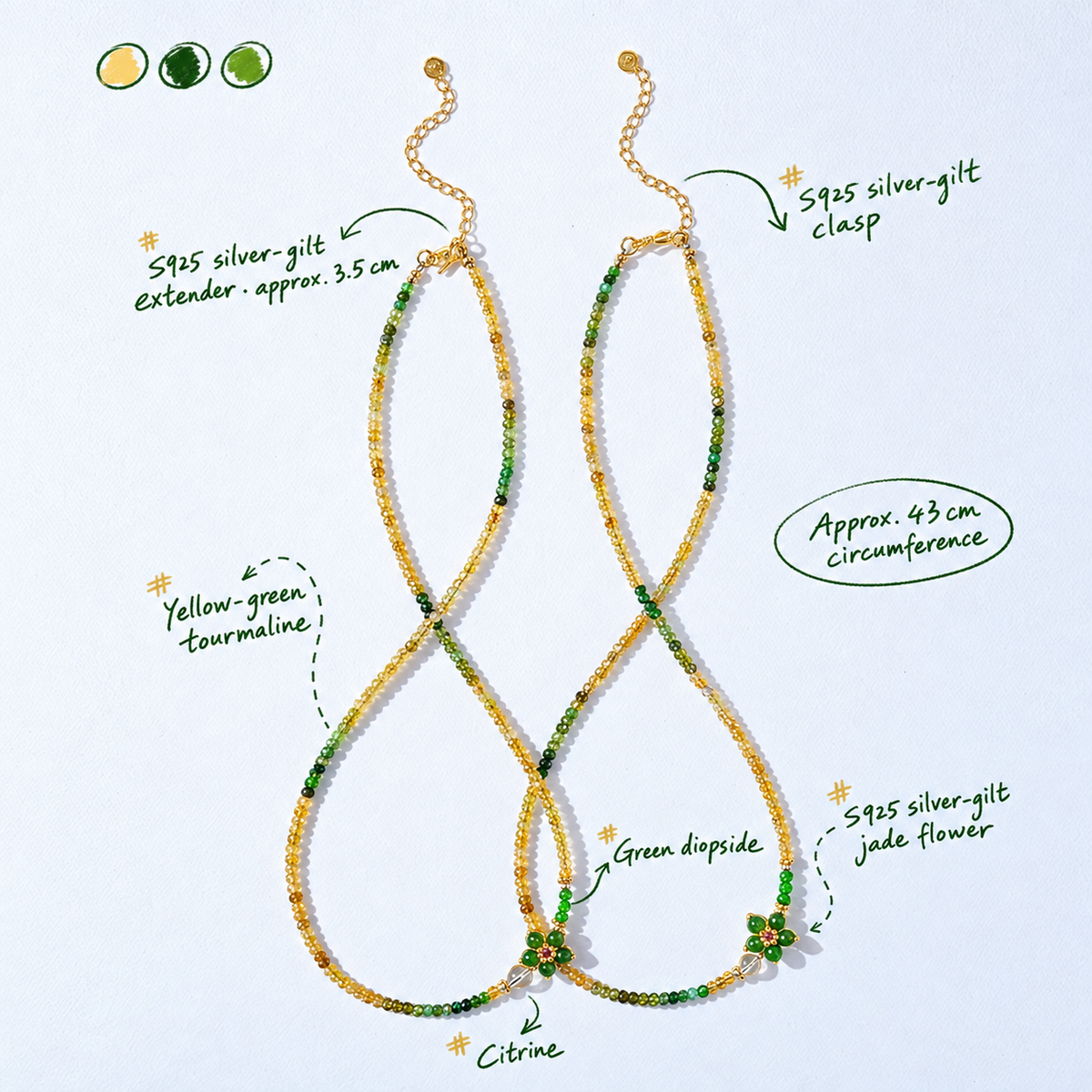 Verdant Bloom 43 cm necklace materials and dimensions in handwritten English
