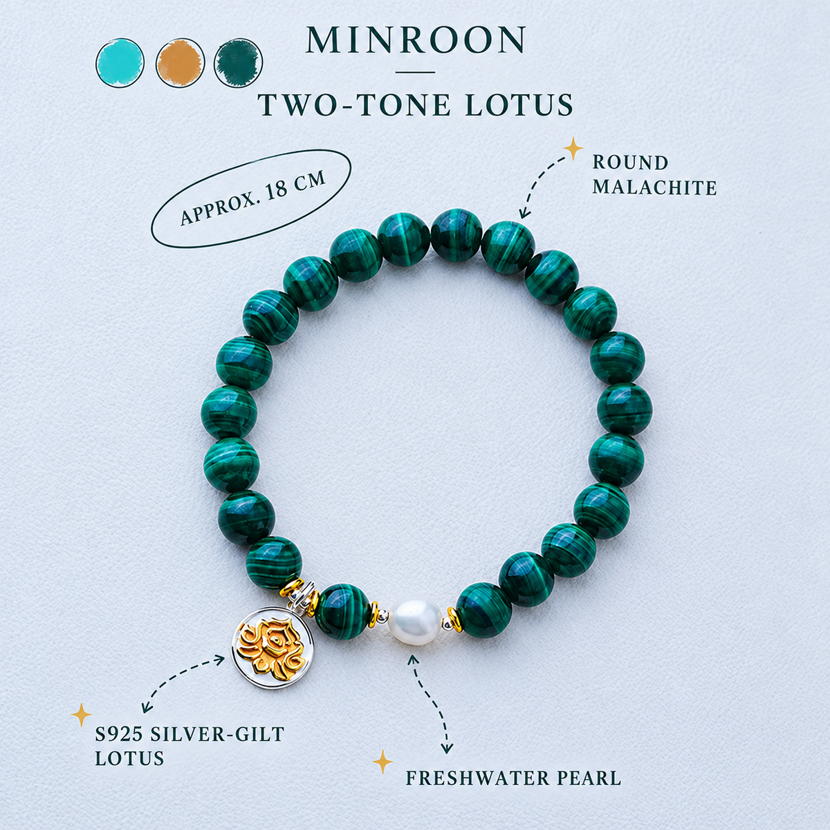 Two-Tone Lotus malachite bracelet with freshwater pearl