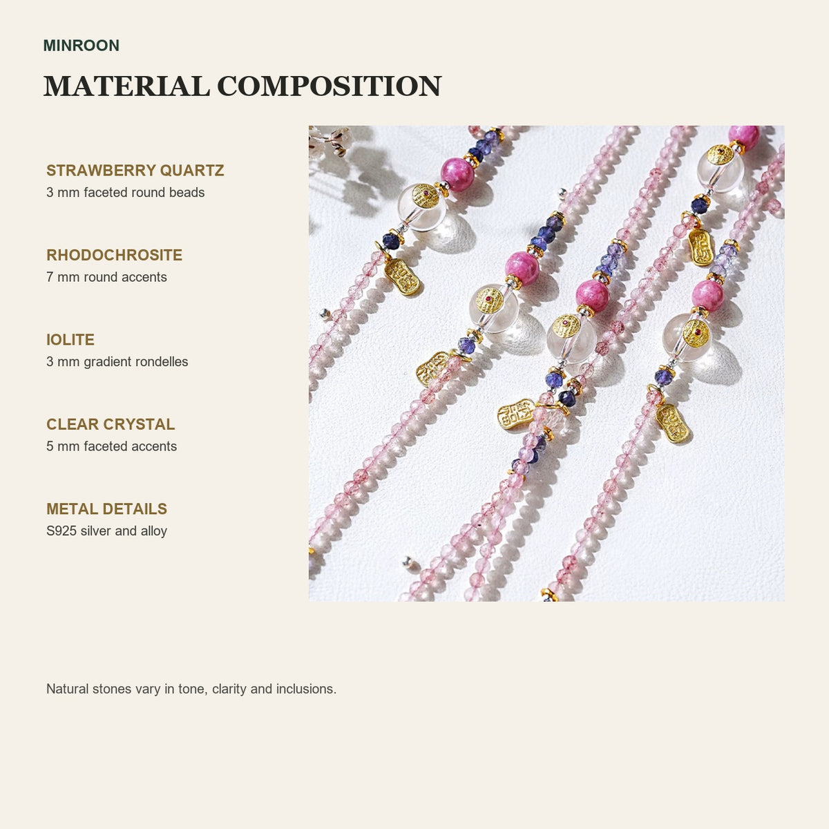 Strawberry quartz, rhodochrosite, iolite, clear crystal and silver composition