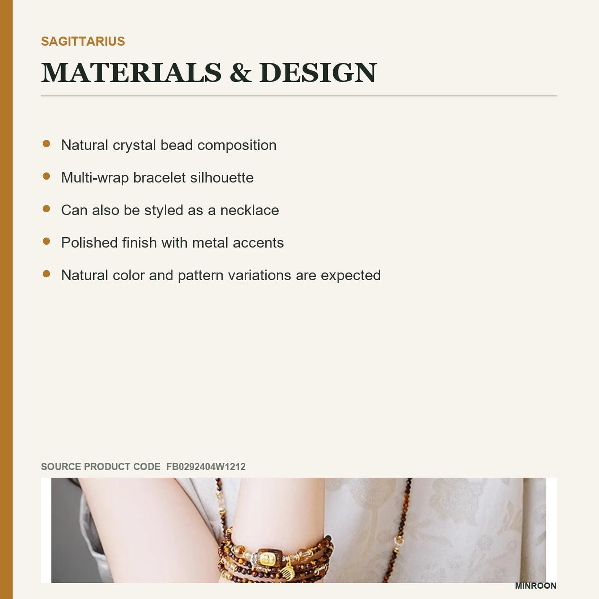 Sagittarius Tiger's Eye Zodiac Wrap Bracelet materials and design details