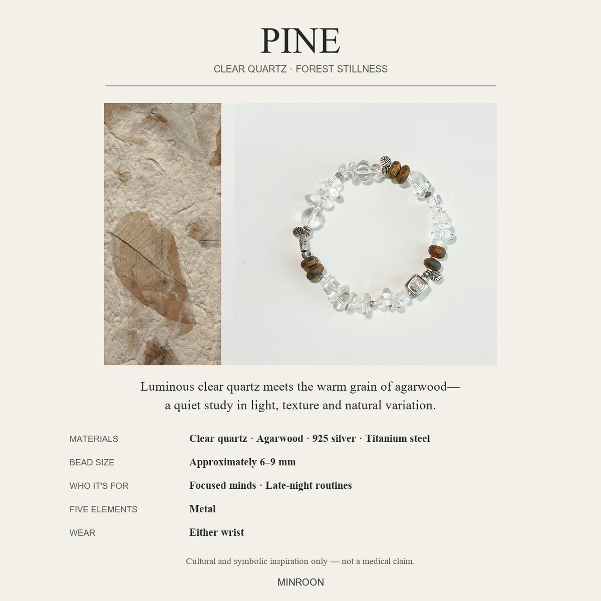Pine bracelet story, materials, bead size and symbolic inspiration in English
