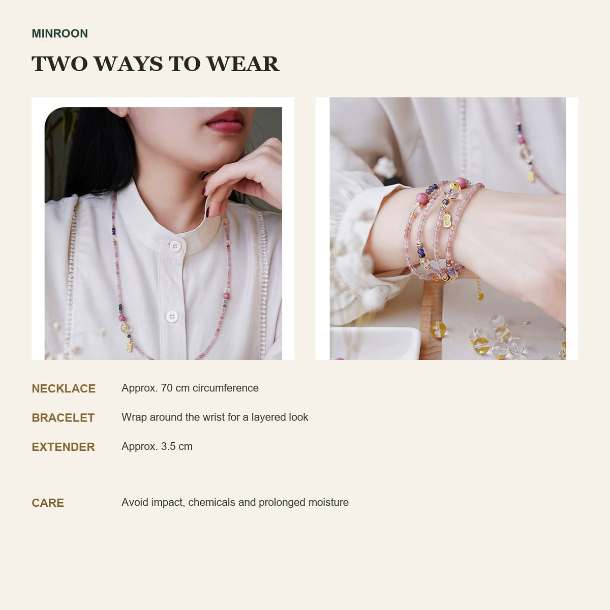 Peach Fortune necklace and multi-wrap bracelet wearing guide