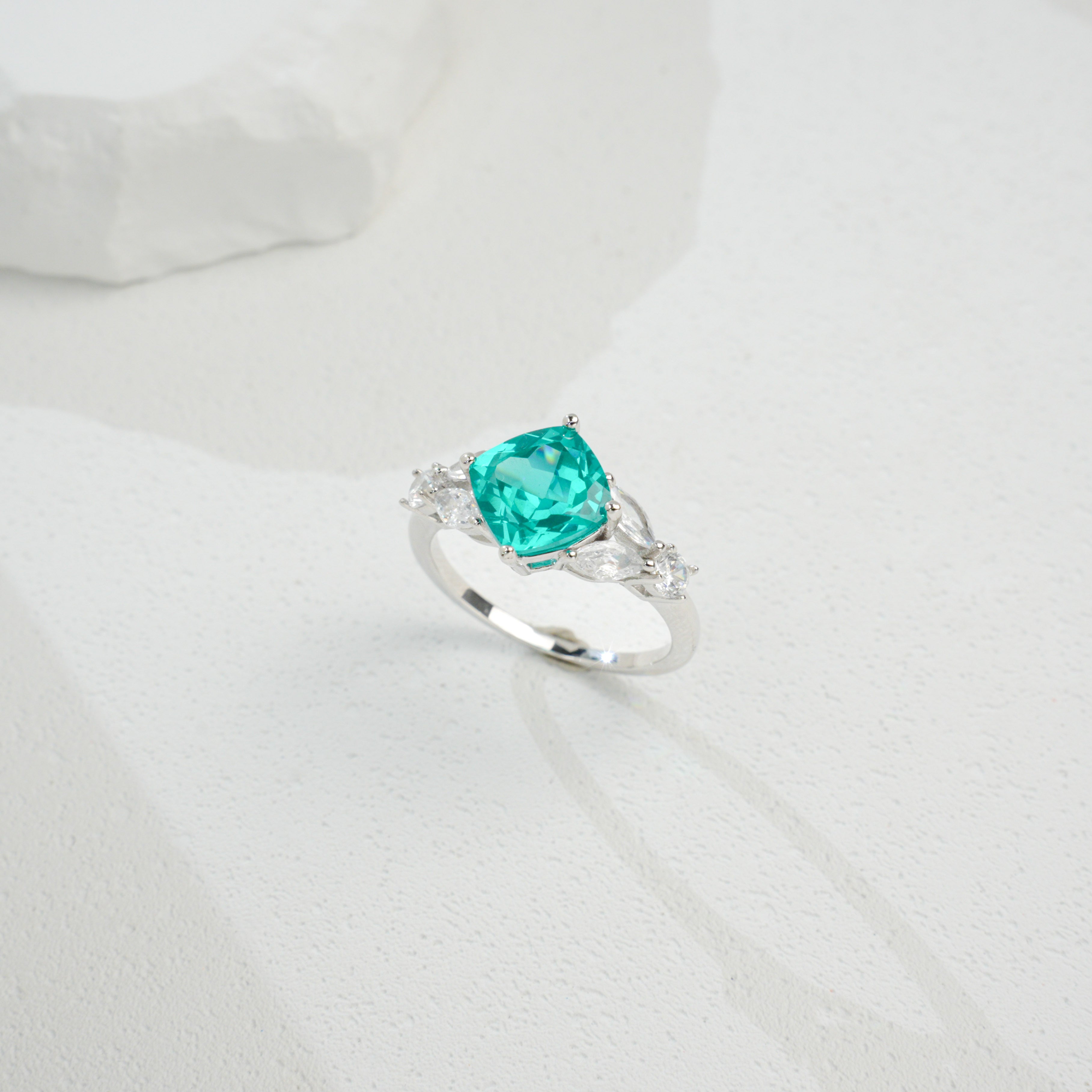 Cultured Paraiba Tourmaline Ring | S925 Sterling Silver Plated 18K Gold, Luxury Gemstone Jewelry for Women