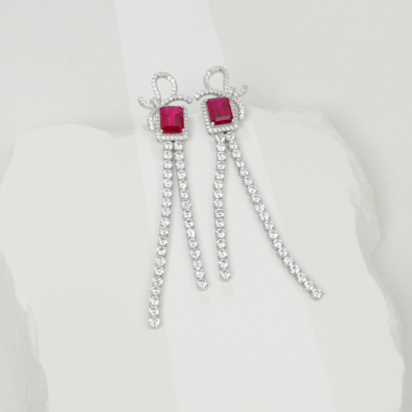 Lab - Grown Ruby Bow - Tassel Earrings | S925 Sterling Silver Plated 18K Gold, Emerald Cut with Zircon Halo Accents, Elegant Statement Jewelr