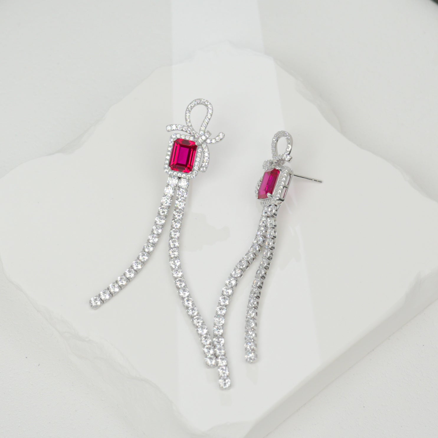 Lab - Grown Ruby Bow - Tassel Earrings | S925 Sterling Silver Plated 18K Gold, Emerald Cut with Zircon Halo Accents, Elegant Statement Jewelr