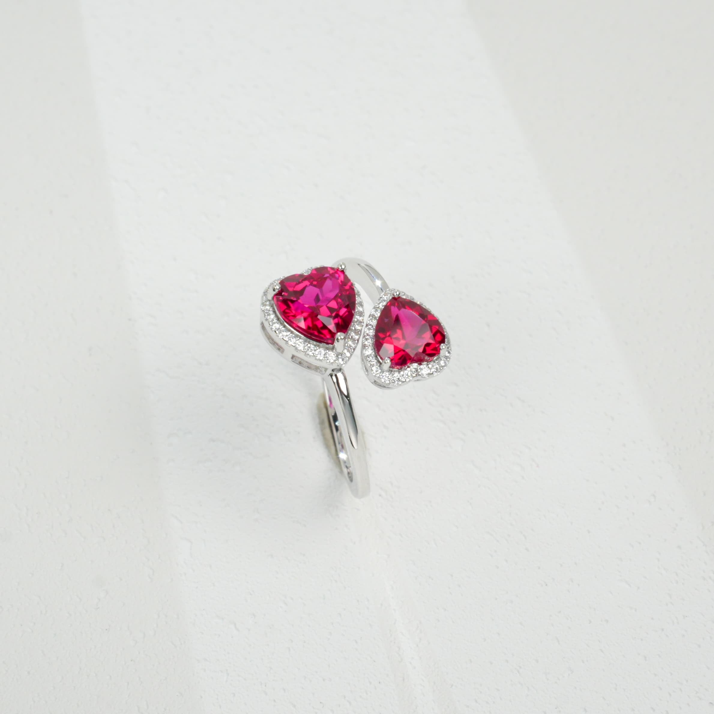 Lab-Grown Ruby Double Heart Ring | S925 Sterling Silver Plated 18K Gold, Halo Zircon Accents, Romantic Gemstone Jewelry