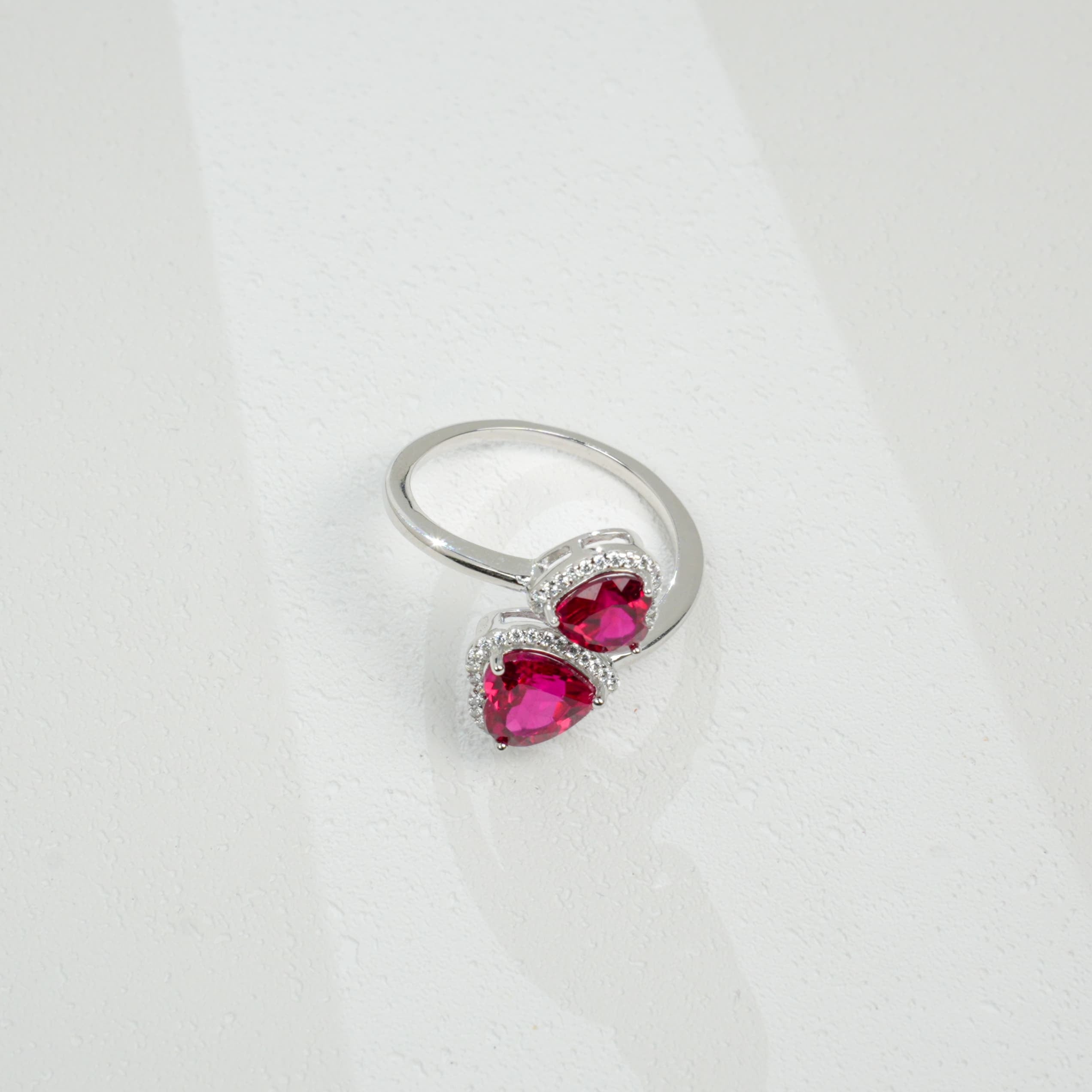 Lab-Grown Ruby Double Heart Ring | S925 Sterling Silver Plated 18K Gold, Halo Zircon Accents, Romantic Gemstone Jewelry
