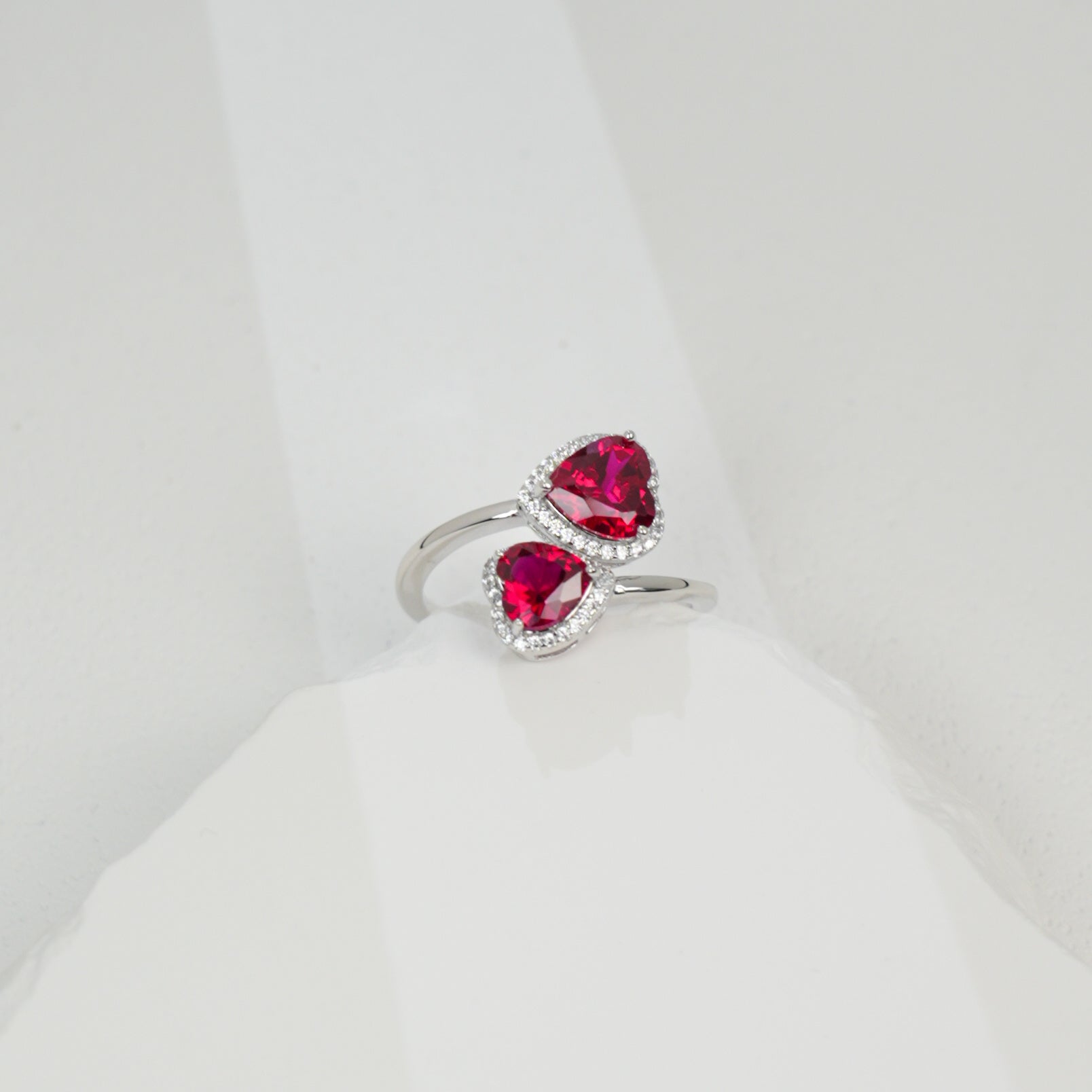 Lab-Grown Ruby Double Heart Ring | S925 Sterling Silver Plated 18K Gold, Halo Zircon Accents, Romantic Gemstone Jewelry