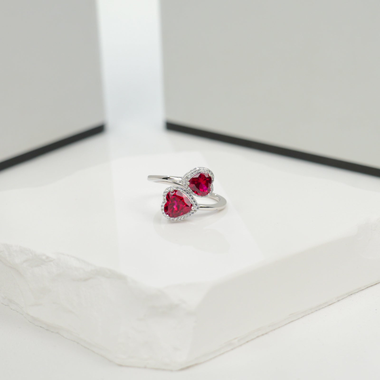 Lab-Grown Ruby Double Heart Ring | S925 Sterling Silver Plated 18K Gold, Halo Zircon Accents, Romantic Gemstone Jewelry