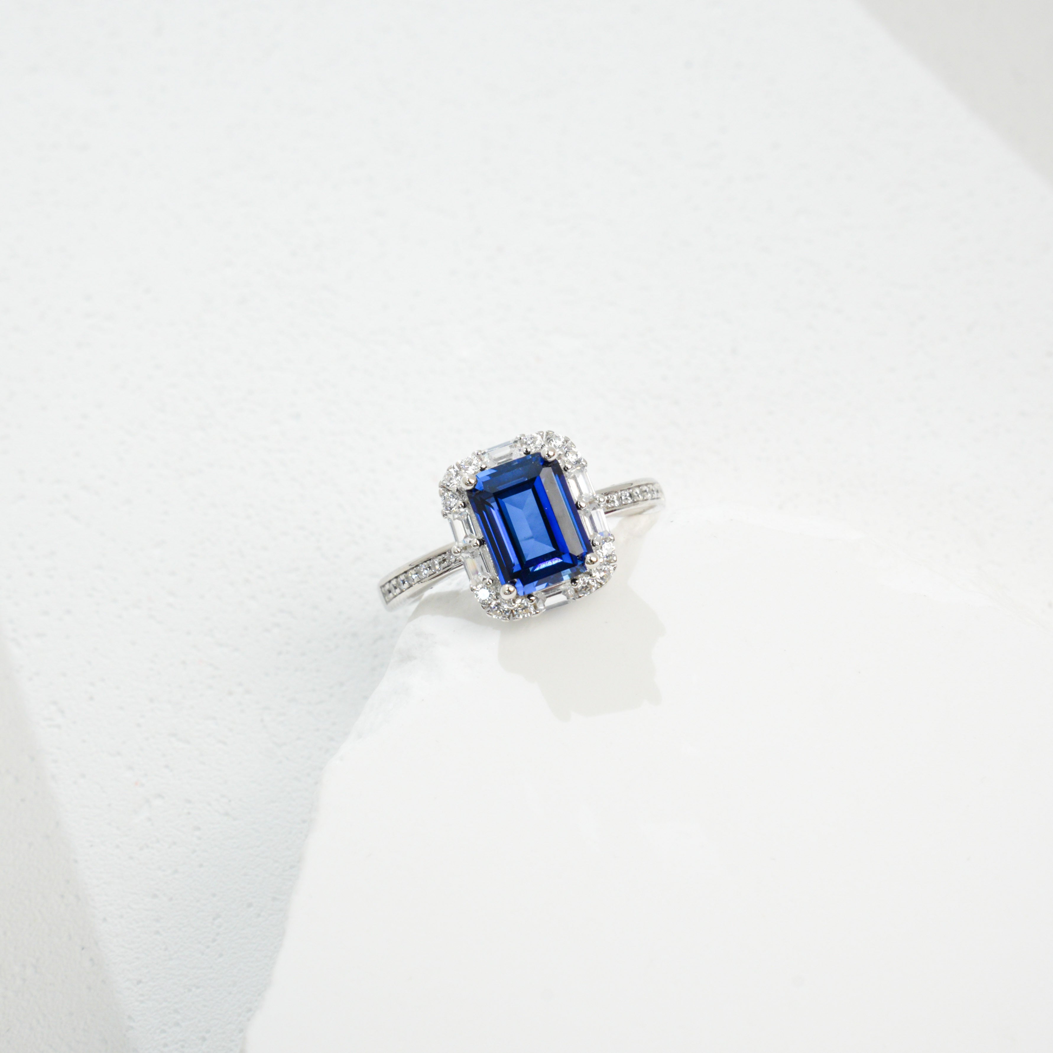 Lab-Grown Sapphire Ring | S925 Sterling Silver Plated 18K Gold, Emerald Cut Halo Design with Zircon Accents, Luxury Gemstone Jewelry for Women