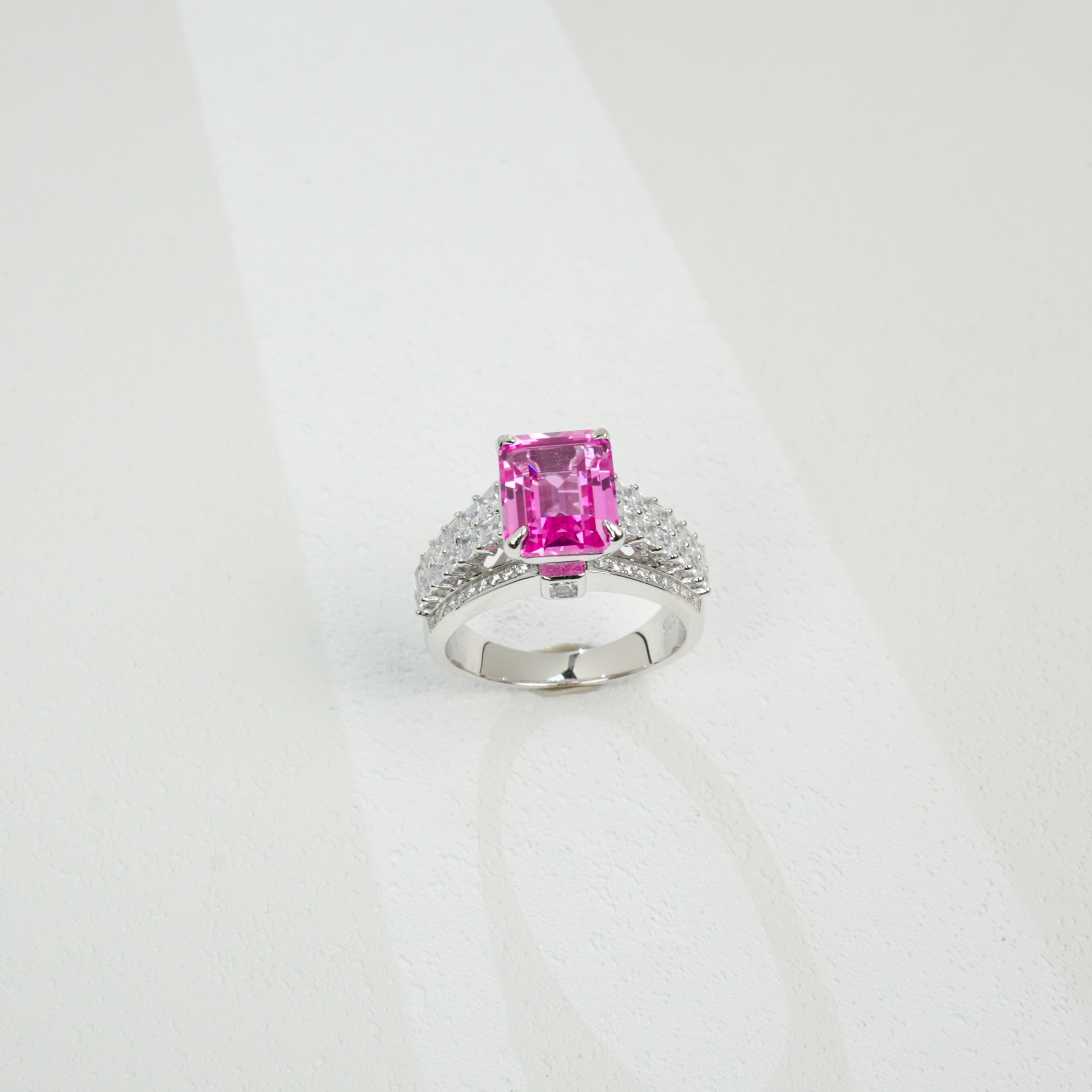 Lab-Grown Padparadscha Sapphire Ring | S925 Sterling Silver Plated 18K Gold, Emerald Cut with Halo Zircon Accents, Luxury Gemstone Jewelry
