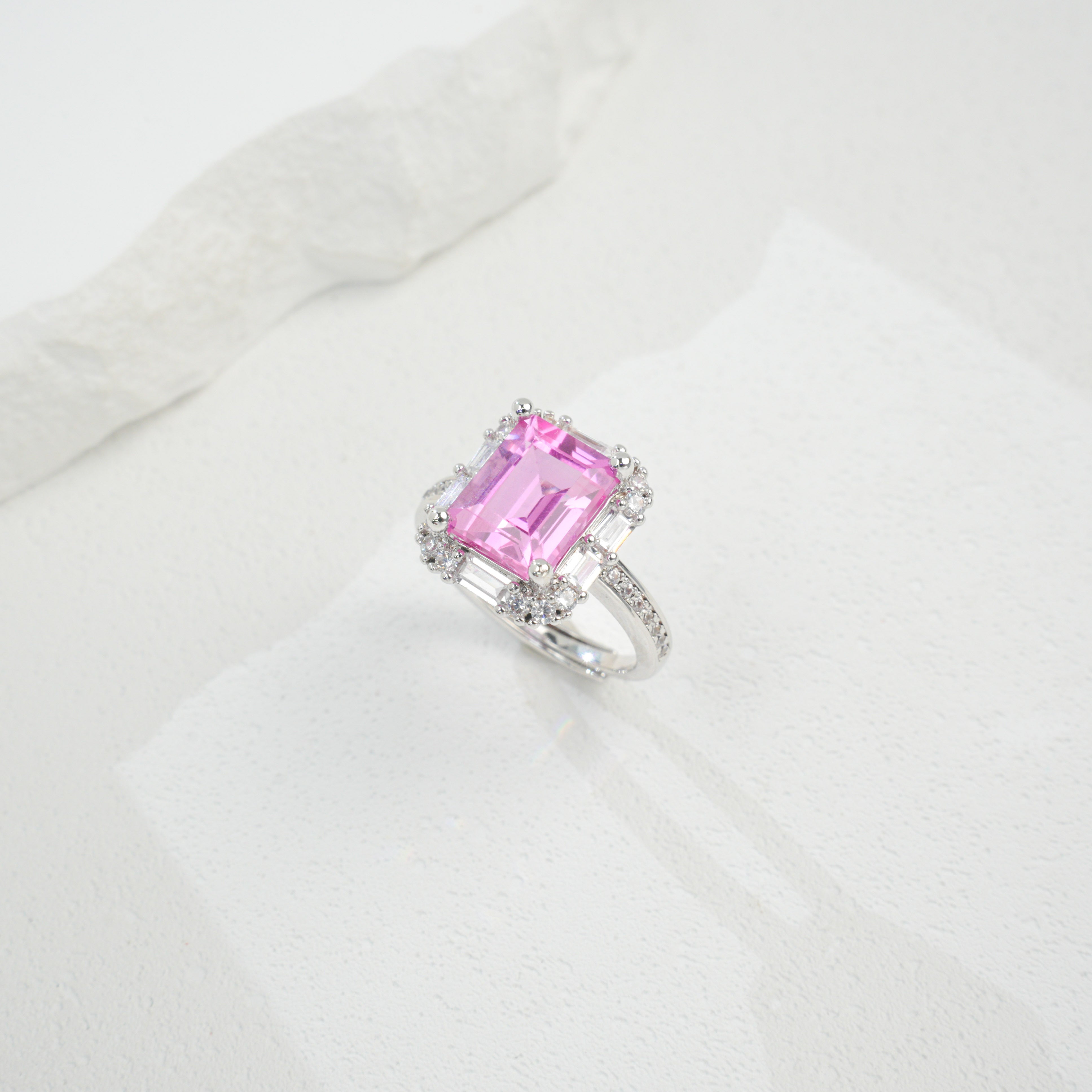 Lab-Grown Padparadscha - Square Crimson Diamond Cluster Streaming Light Ring
