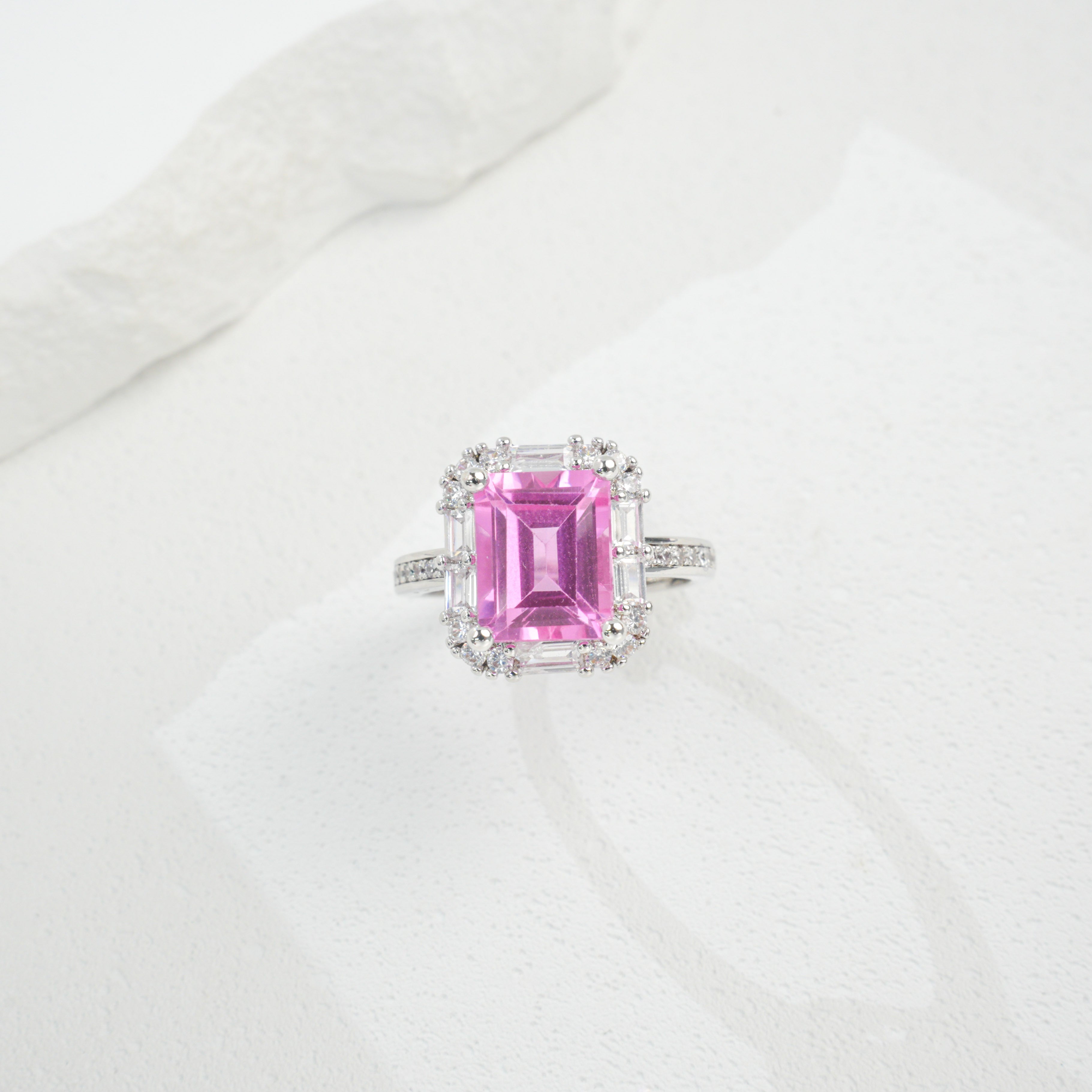 Lab-Grown Padparadscha - Square Crimson Diamond Cluster Streaming Light Ring