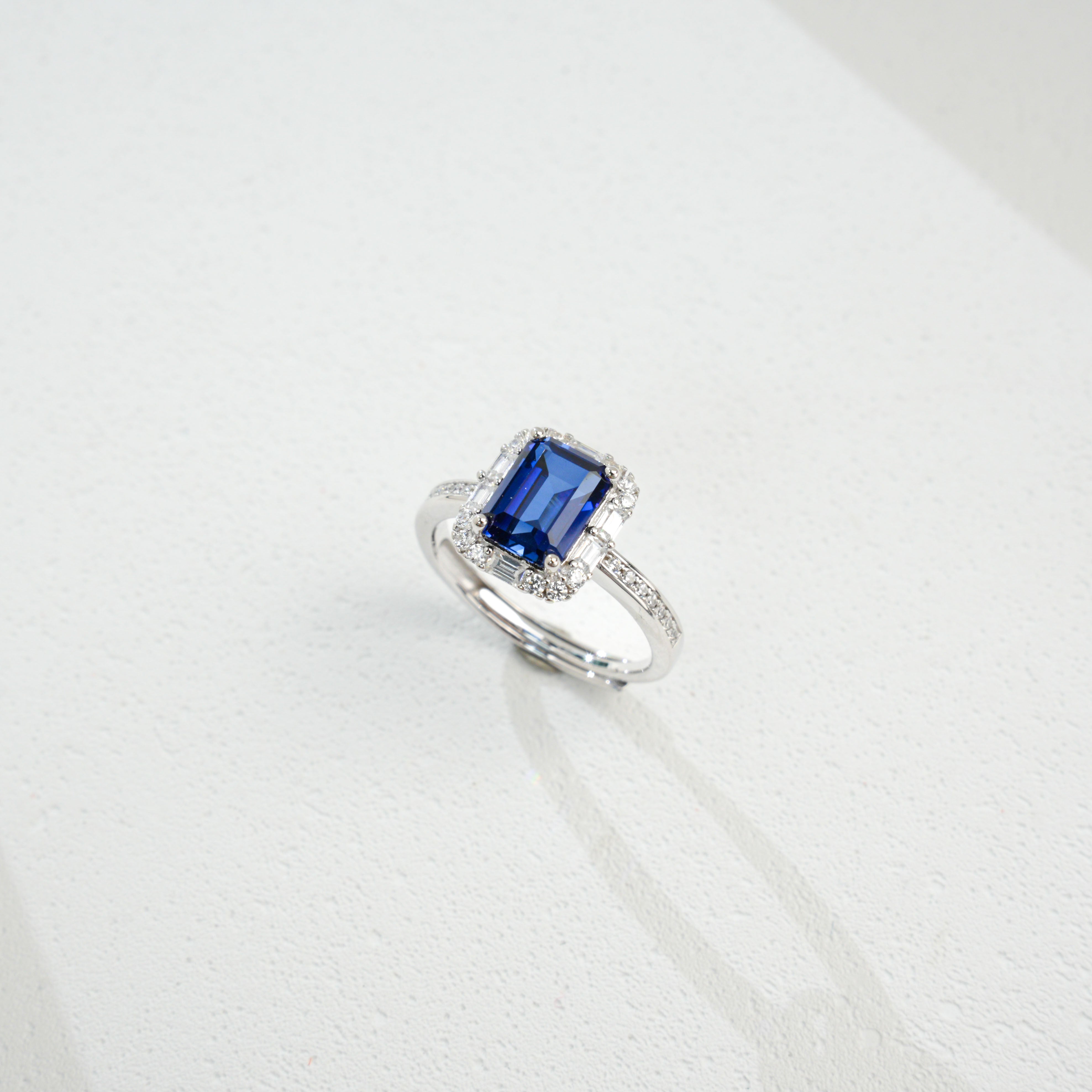 Lab-Grown Sapphire Ring | S925 Sterling Silver Plated 18K Gold, Emerald Cut Halo Design with Zircon Accents, Luxury Gemstone Jewelry for Women
