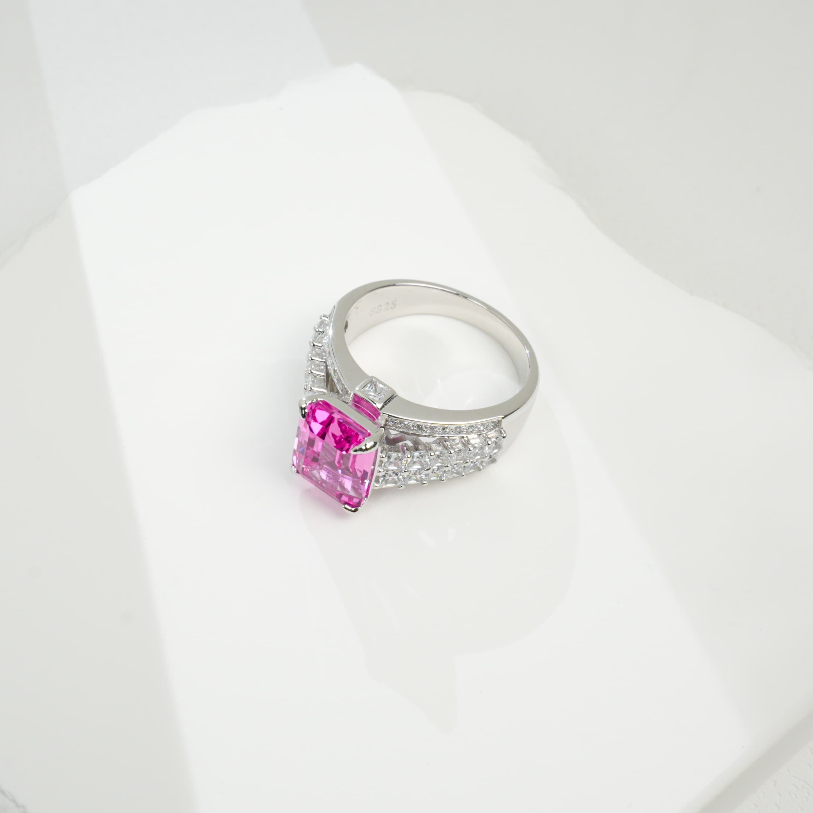 Lab-Grown Padparadscha Sapphire Ring | S925 Sterling Silver Plated 18K Gold, Emerald Cut with Halo Zircon Accents, Luxury Gemstone Jewelry