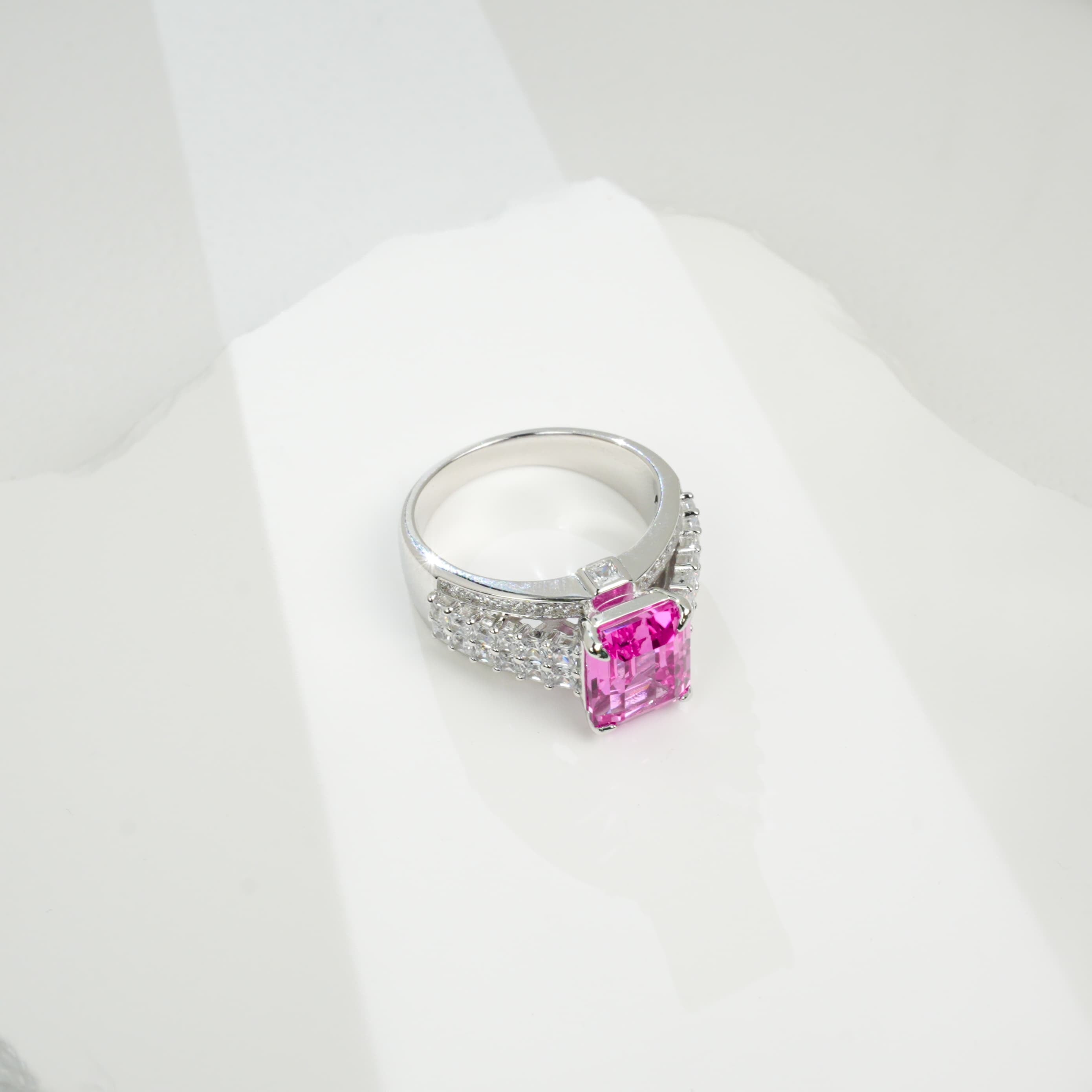 Lab-Grown Padparadscha Sapphire Ring | S925 Sterling Silver Plated 18K Gold, Emerald Cut with Halo Zircon Accents, Luxury Gemstone Jewelry