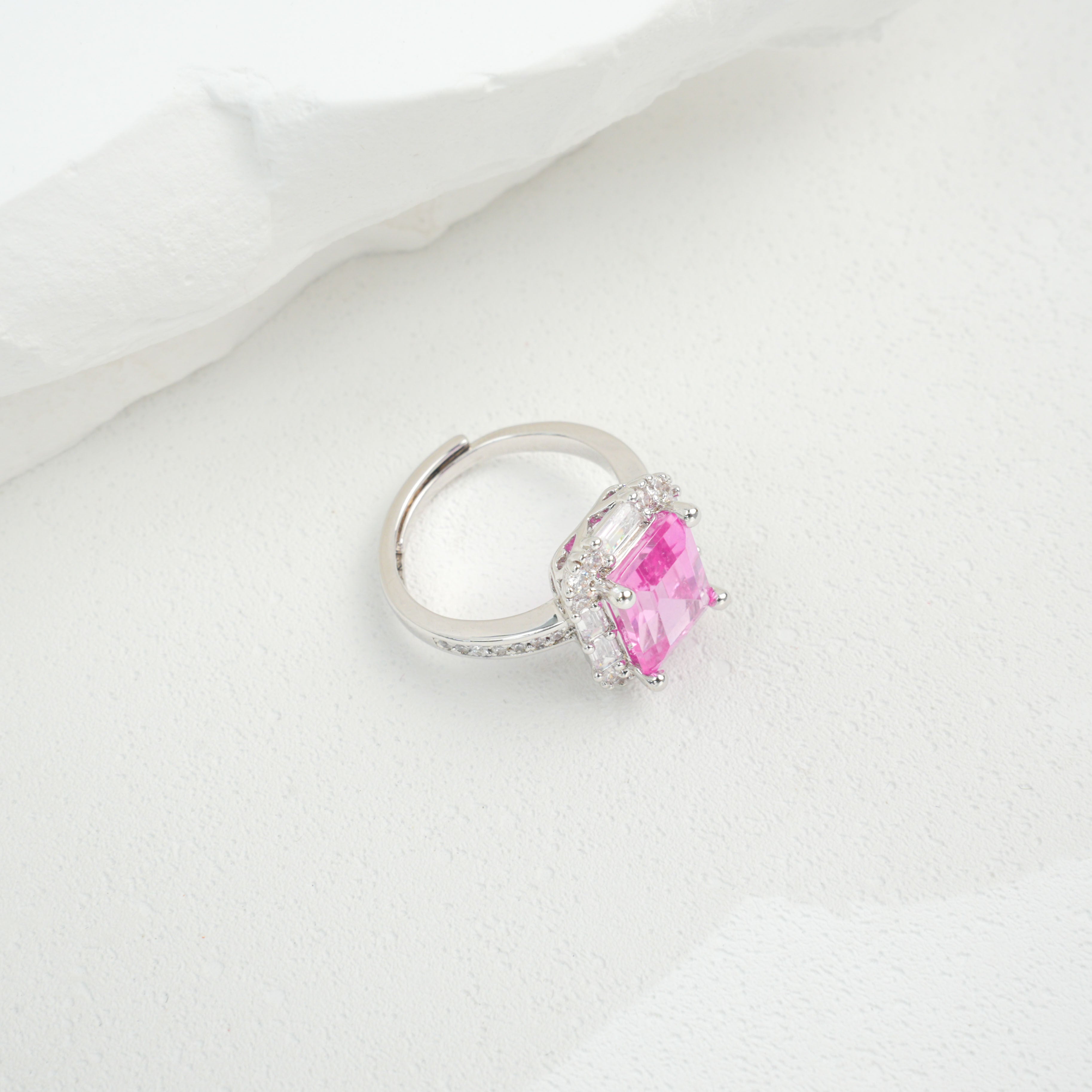 Lab-Grown Padparadscha - Square Crimson Diamond Cluster Streaming Light Ring