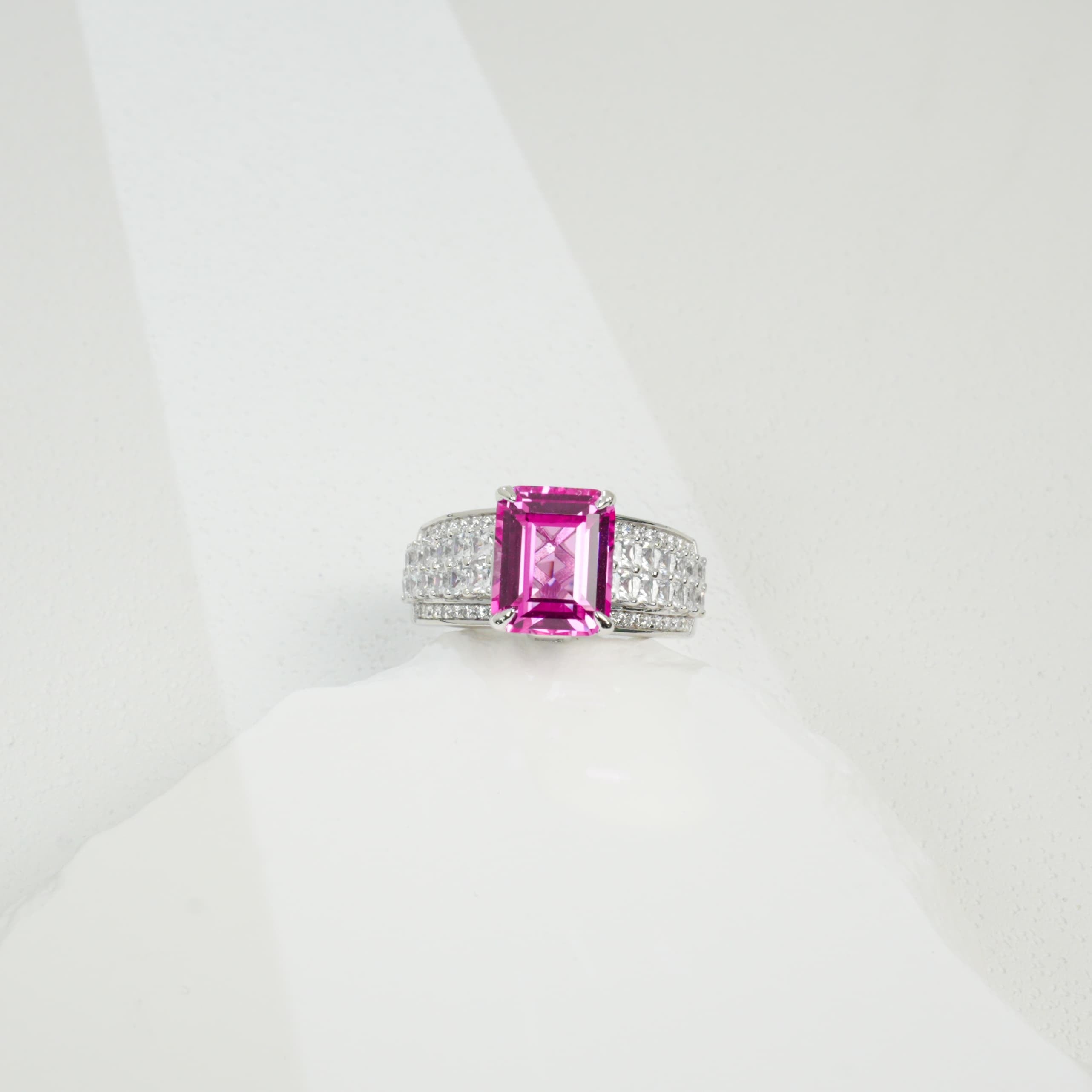 Lab-Grown Padparadscha Sapphire Ring | S925 Sterling Silver Plated 18K Gold, Emerald Cut with Halo Zircon Accents, Luxury Gemstone Jewelry