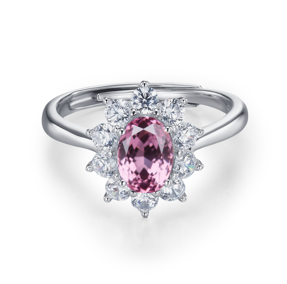 Lab-Grown Padparadscha Sapphire Ring | S925 Sterling Silver Plated 18K Gold, Oval Cut with Halo Zircon Accents, Elegant Luxury Gemstone Jewelry