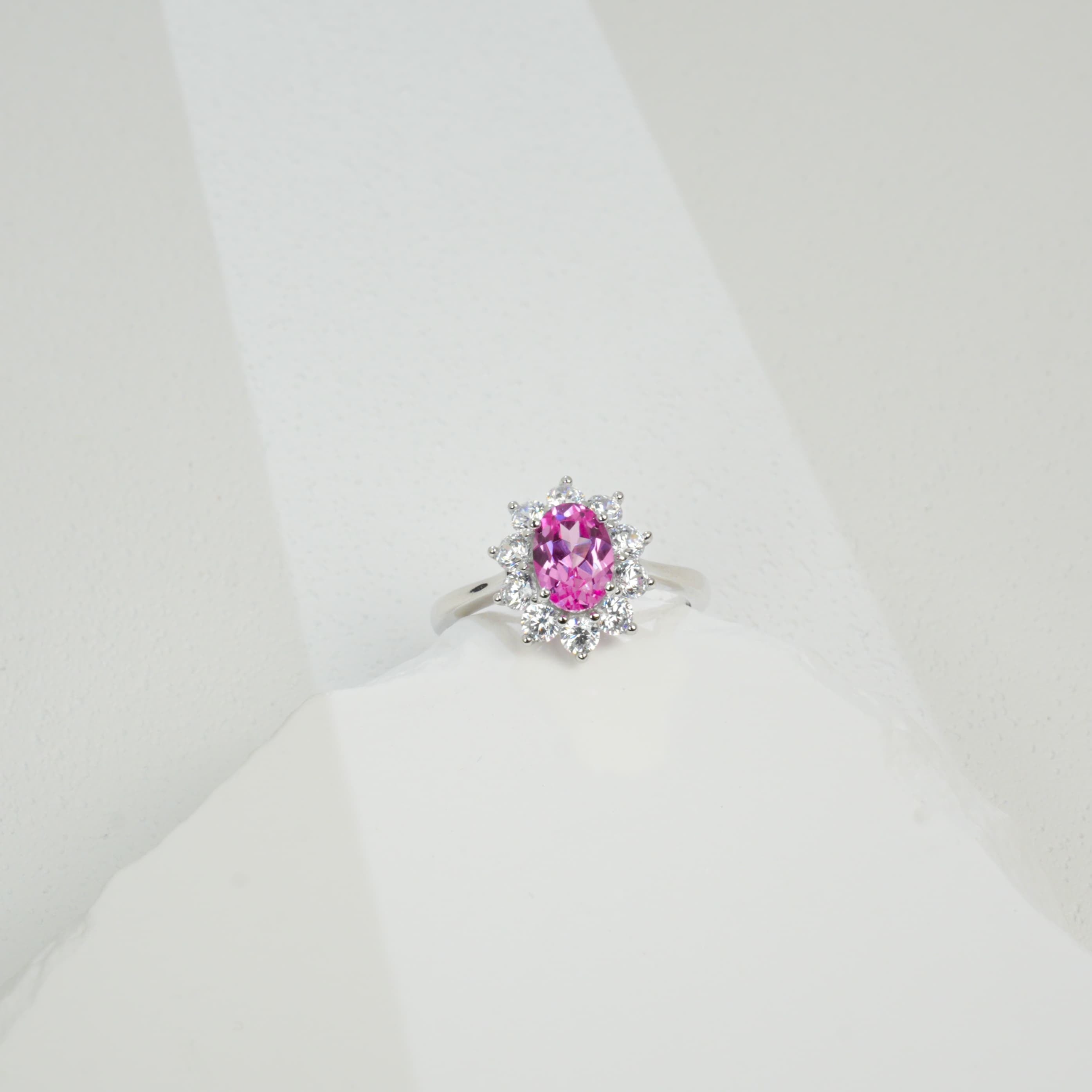 Lab-Grown Padparadscha Sapphire Ring | S925 Sterling Silver Plated 18K Gold, Oval Cut with Halo Zircon Accents, Elegant Luxury Gemstone Jewelry