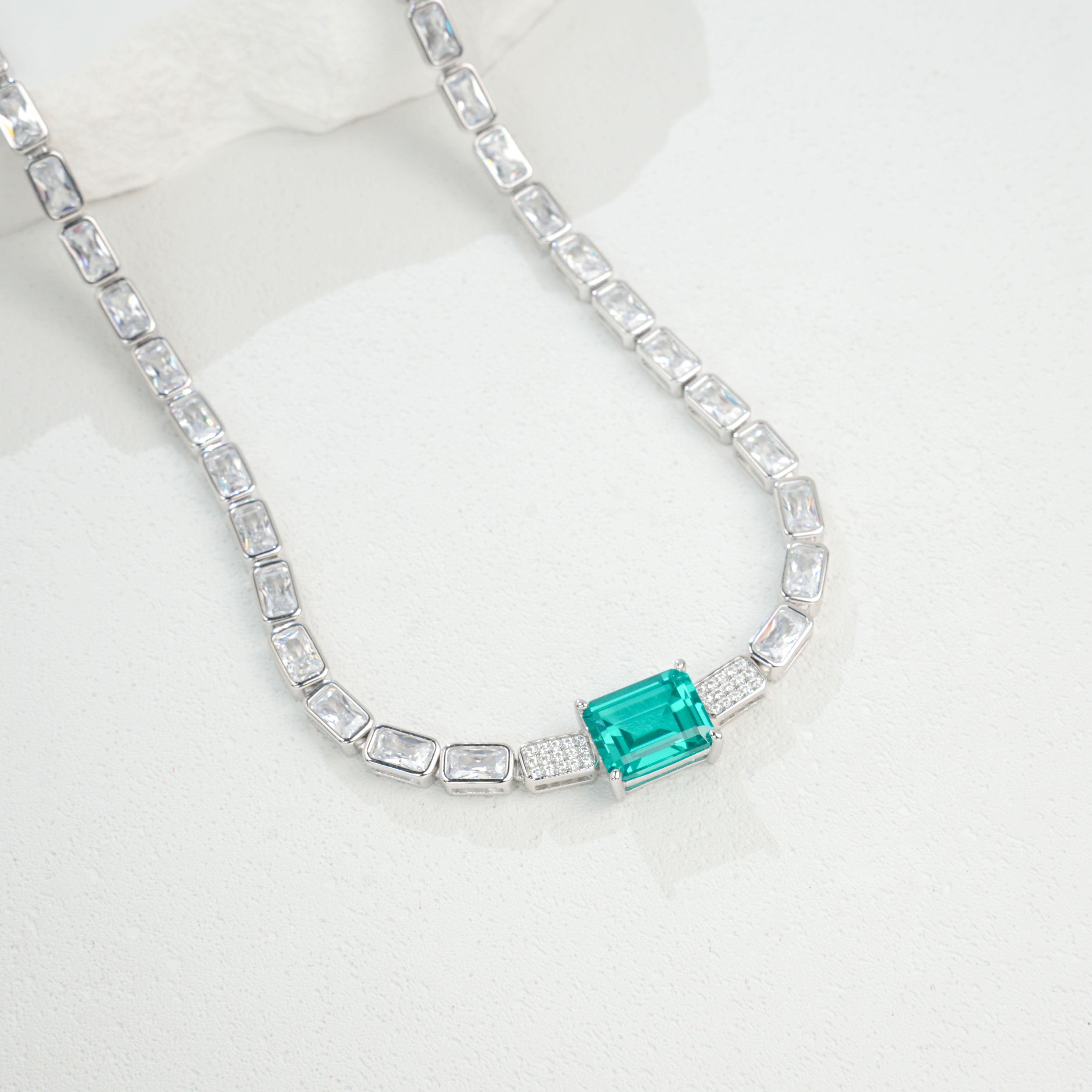 Lab-Grown Paraiba Color YAG Necklace | S925 Sterling Silver Plated 18K Gold, Emerald Cut Center Stone with Zircon Accents, Luxury Tennis Chain Jewelry for Women