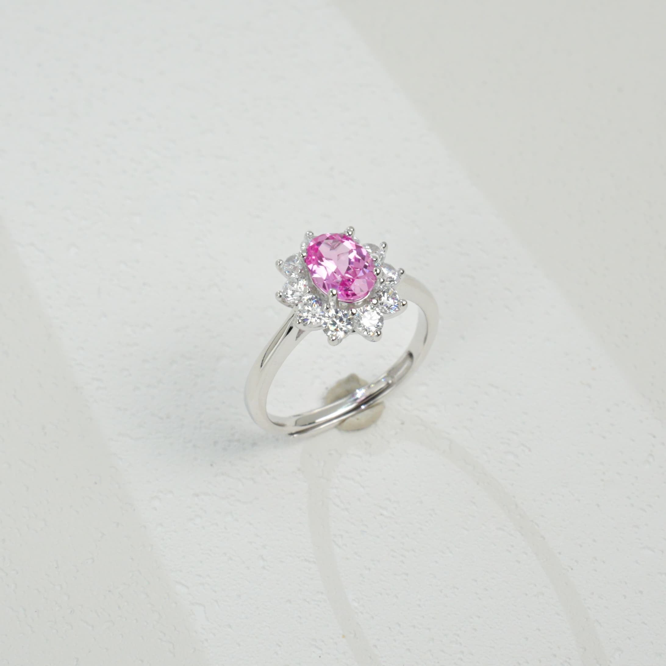 Lab-Grown Padparadscha Sapphire Ring | S925 Sterling Silver Plated 18K Gold, Oval Cut with Halo Zircon Accents, Elegant Luxury Gemstone Jewelry
