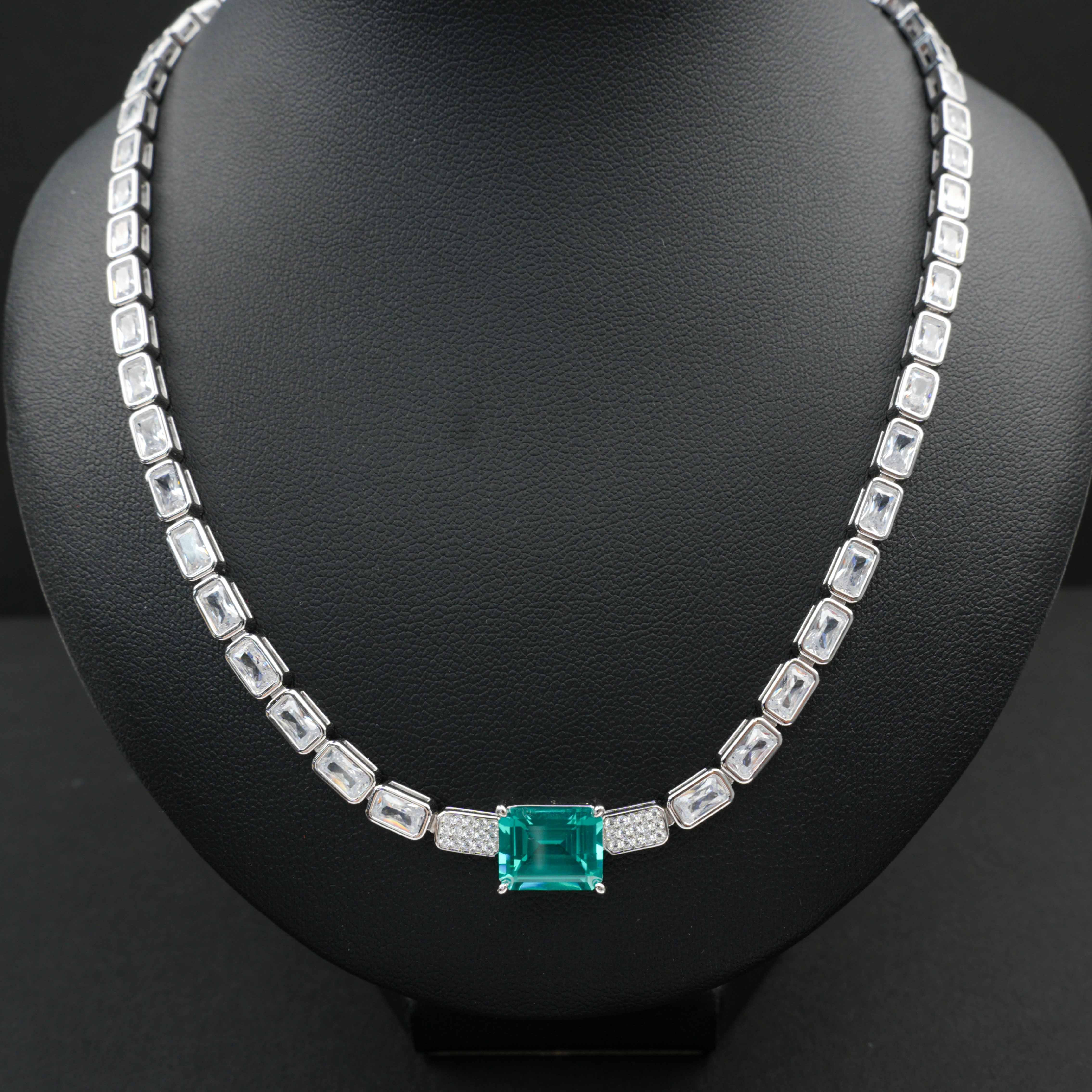 Lab-Grown Paraiba Color YAG Necklace | S925 Sterling Silver Plated 18K Gold, Emerald Cut Center Stone with Zircon Accents, Luxury Tennis Chain Jewelry for Women