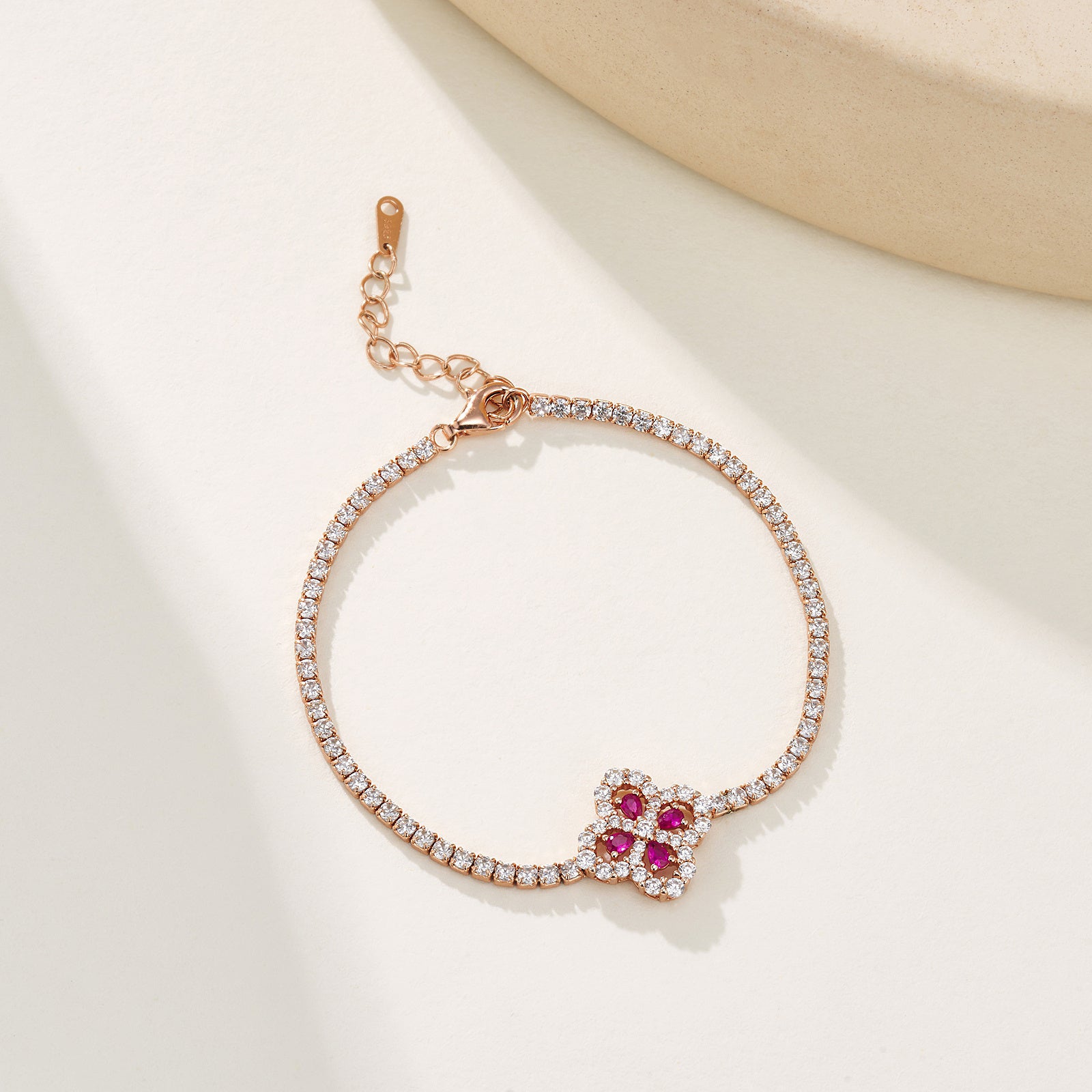 Elegant Four-Leaf Clover Design! Lab-Grown Ruby with S925 Silver Plated 18k Gold Bracelet, Shiny and Eye-Catching