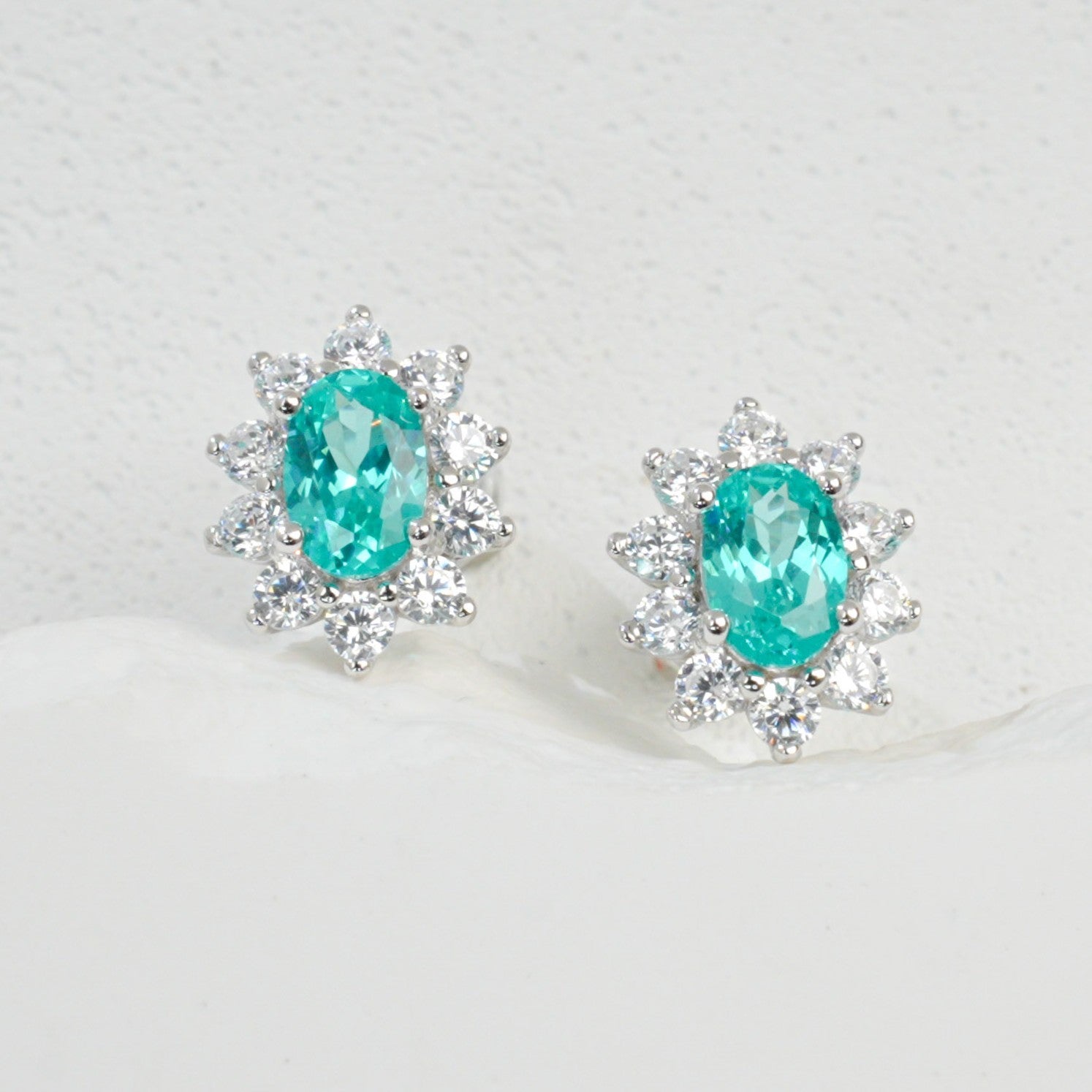 Lab-Grown Paraiba Color YAG Stud Earrings | S925 Sterling Silver Plated 18K Gold, Oval Cut Halo Zircon Accents, Luxury Gemstone Jewelry for Women