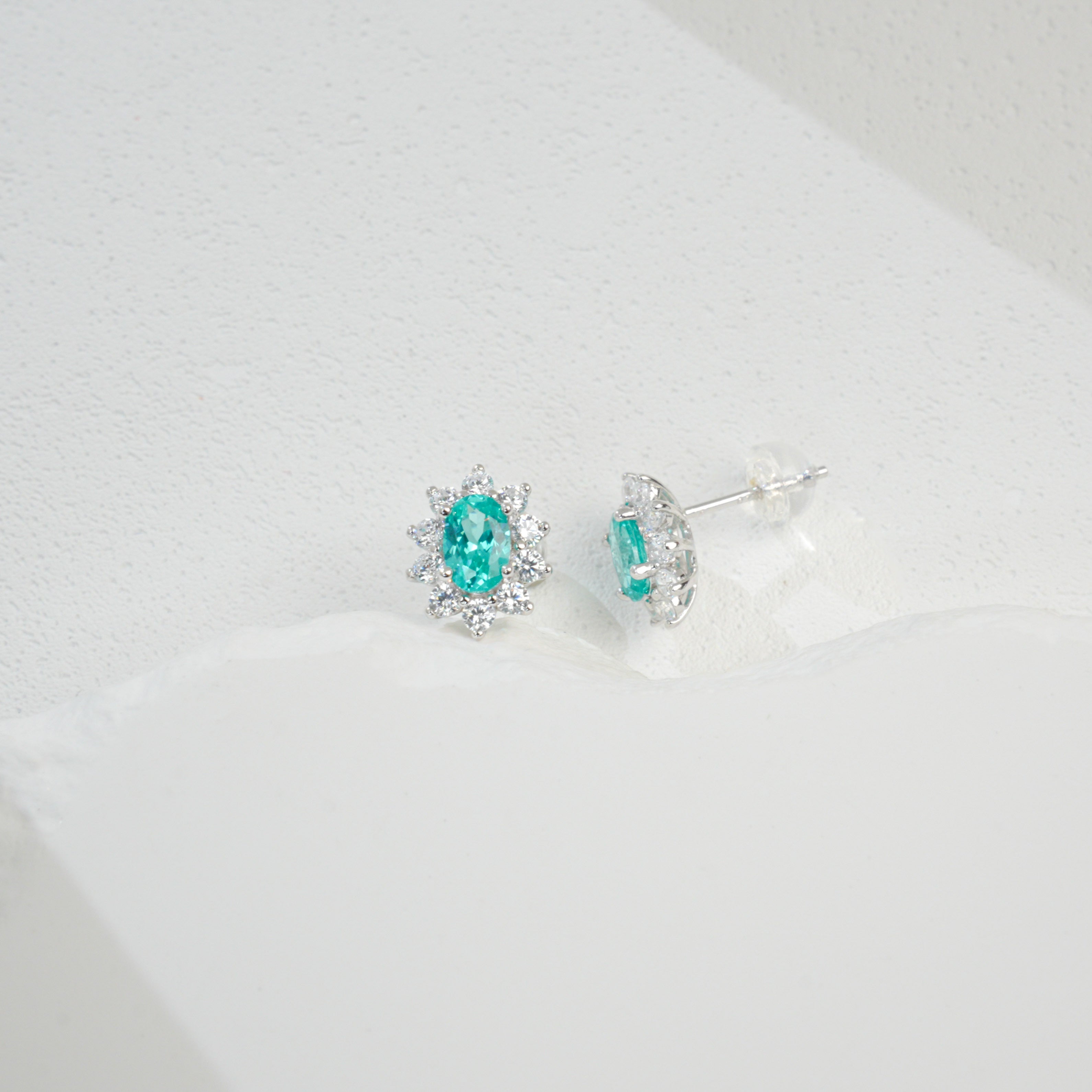 Lab-Grown Paraiba Color YAG Stud Earrings | S925 Sterling Silver Plated 18K Gold, Oval Cut Halo Zircon Accents, Luxury Gemstone Jewelry for Women