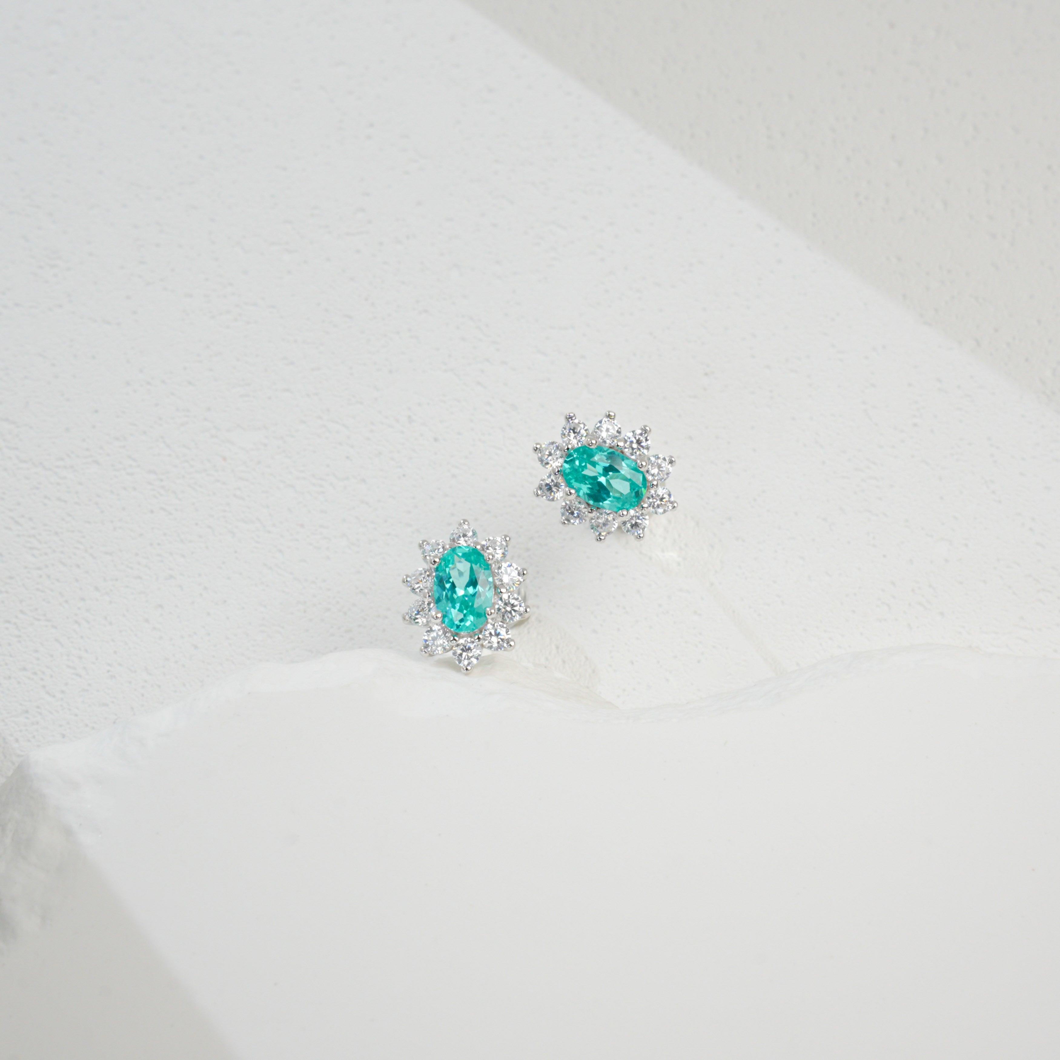 Lab-Grown Paraiba Color YAG Stud Earrings | S925 Sterling Silver Plated 18K Gold, Oval Cut Halo Zircon Accents, Luxury Gemstone Jewelry for Women