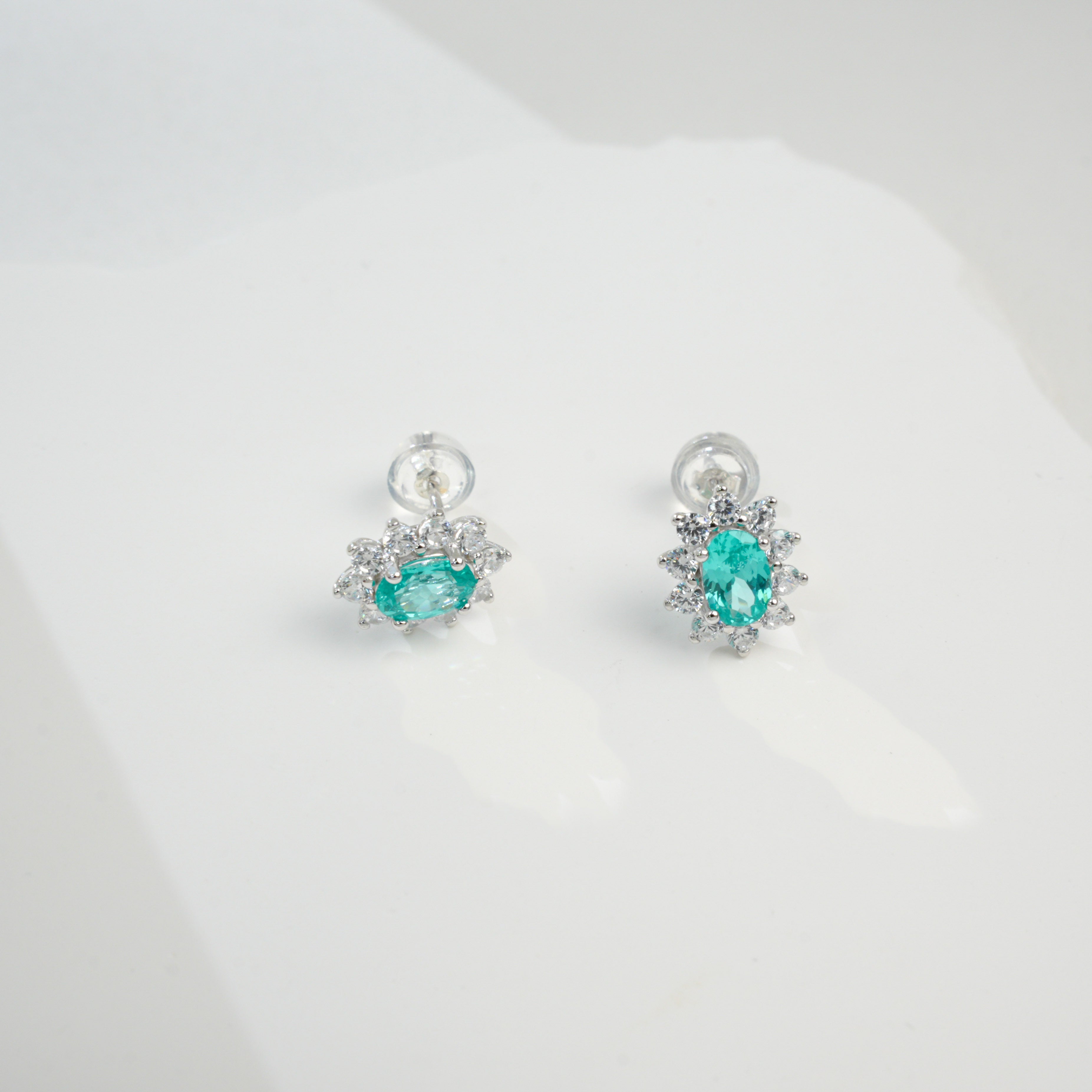 Lab-Grown Paraiba Color YAG Stud Earrings | S925 Sterling Silver Plated 18K Gold, Oval Cut Halo Zircon Accents, Luxury Gemstone Jewelry for Women